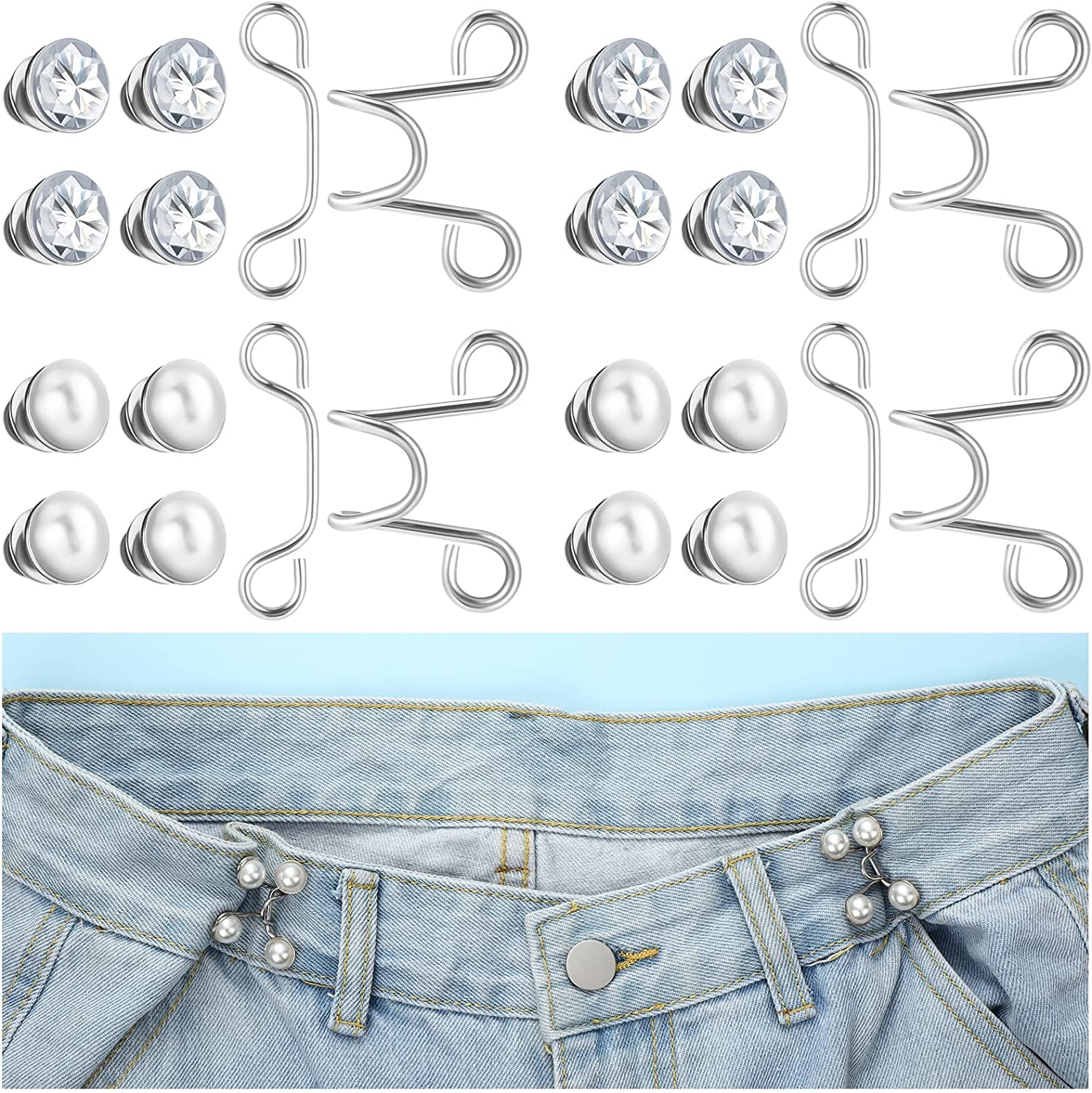 24 Pieces Jean Button Pins Adjustable Buckle Extender Set, No Sewing Required, Pant Waist Tightener for Jeans Dress Fit Instant Button, 4 Set (Pearl and Diamond Style)