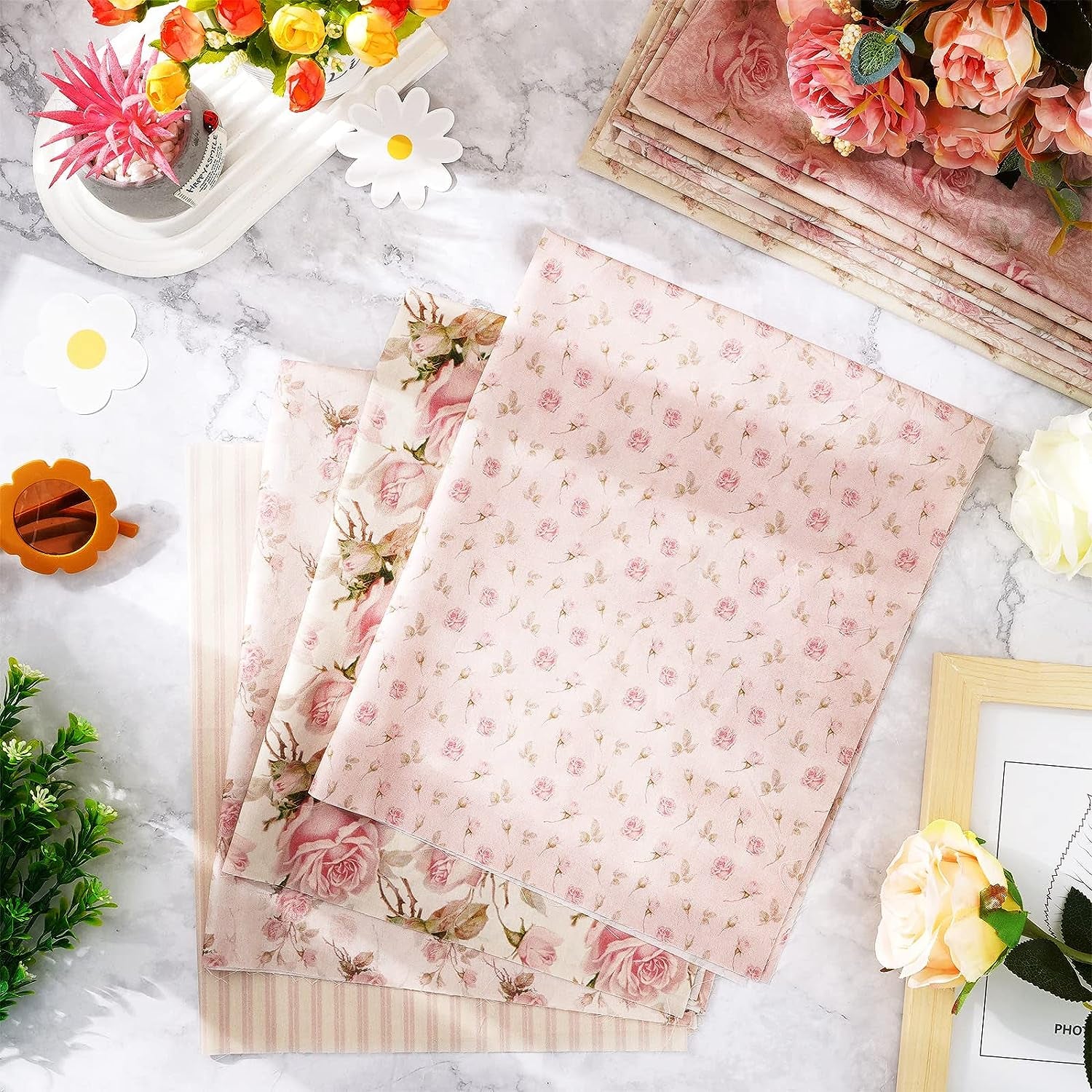 12Pcs Spring Cotton Fabric Bundles 18 X 22 Inch Retro Floral Printed Fat Quarters Pink Flower Quilting Patchwork Squares Sewing Fabrics for DIY Handmade Crafting Home Party Decor