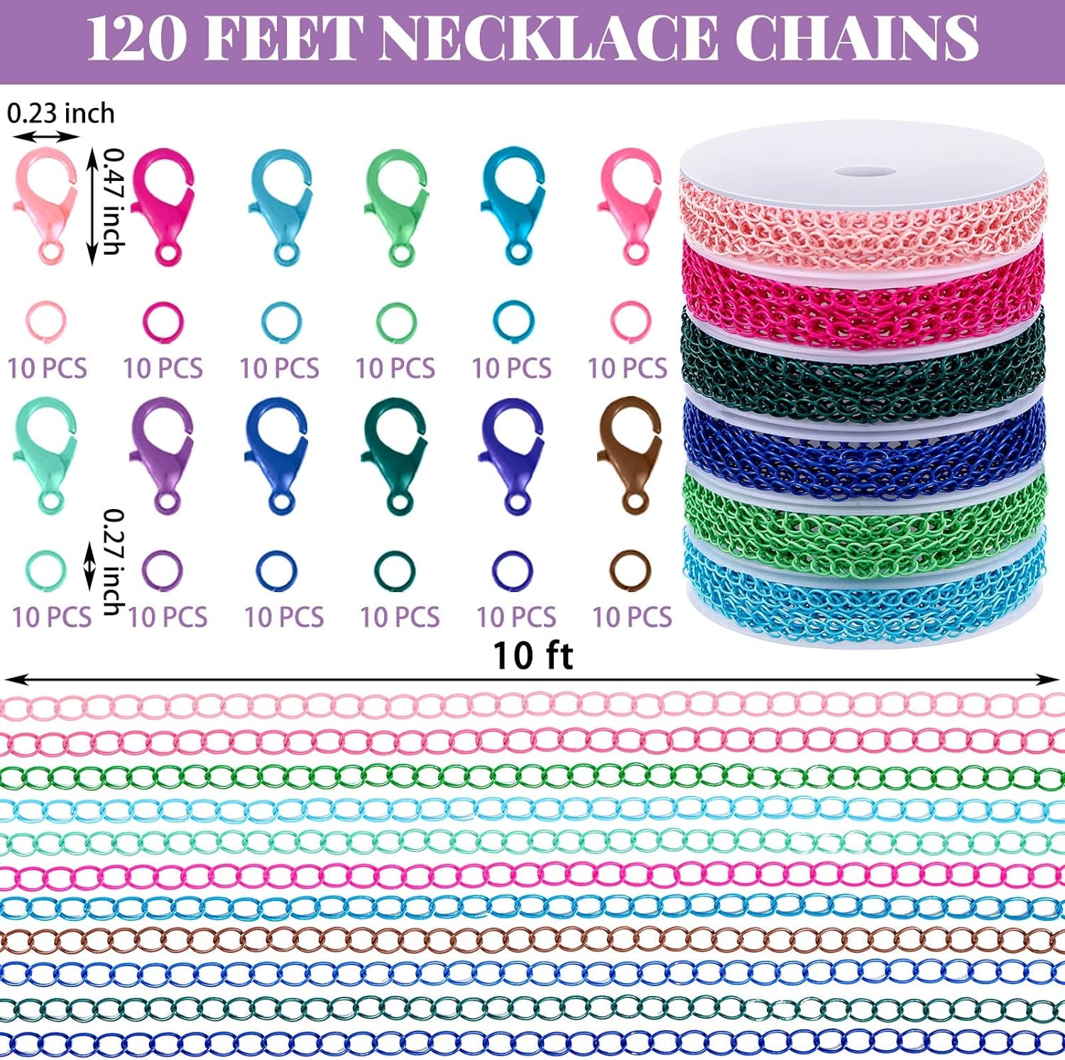 12 Rolls 120 Feet 4 Mm Jewelry Making Chains Necklace Chains Jewelry Making Supplies Jewelry Chain Link Cable Chain Roll with 120 Lobster Clasps 50 Jump Rings for DIY Earring Bracelet, 12 Colors