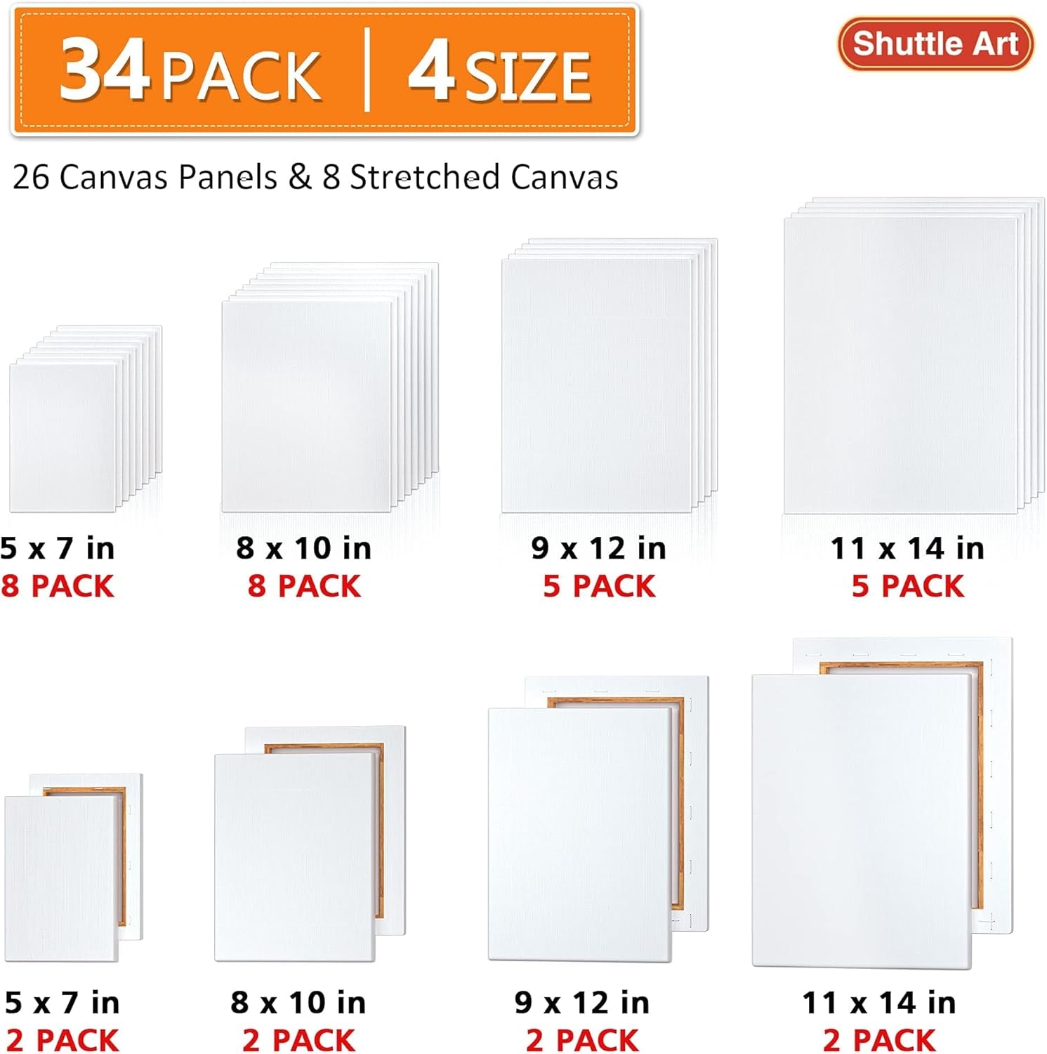 Canvases for Painting,  34 Pack Multi Sizes Stretched Canvas and Canvas Panels, 5X7”, 8X10”, 9X12”, 11X14”, 100% Cotton Primed Canvas Boards for Painting, Blank Canvas for Acrylic Oil Paint