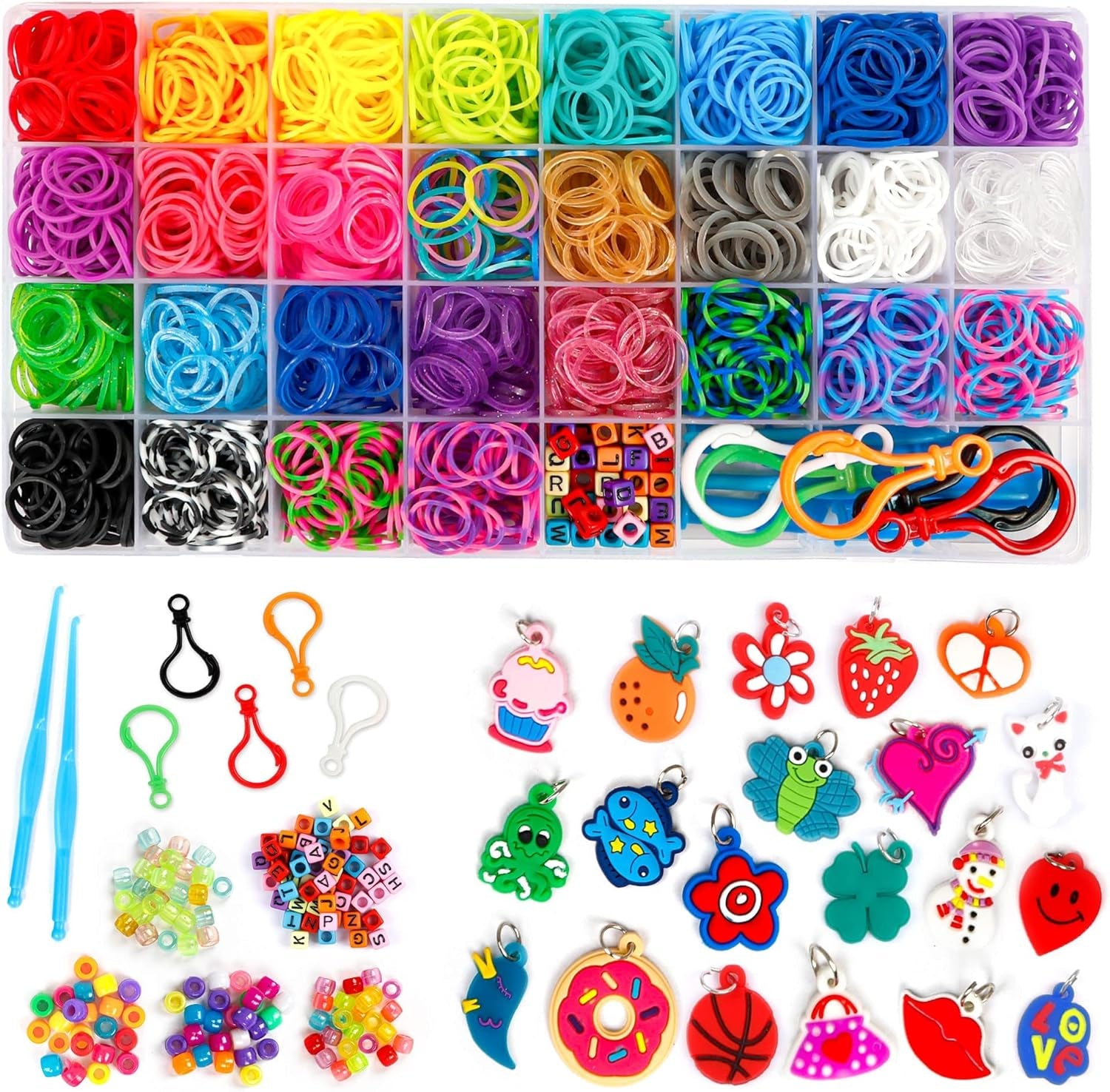 2600+ Loom Bands Set: Colorful Rubber Bands in 28 Colors with Container, 100 Clips, 152 Beads, 20 Pendant, 5 Backpack Hooks, 1 Instruction, Bracelet Making Refill Kit for Kids…