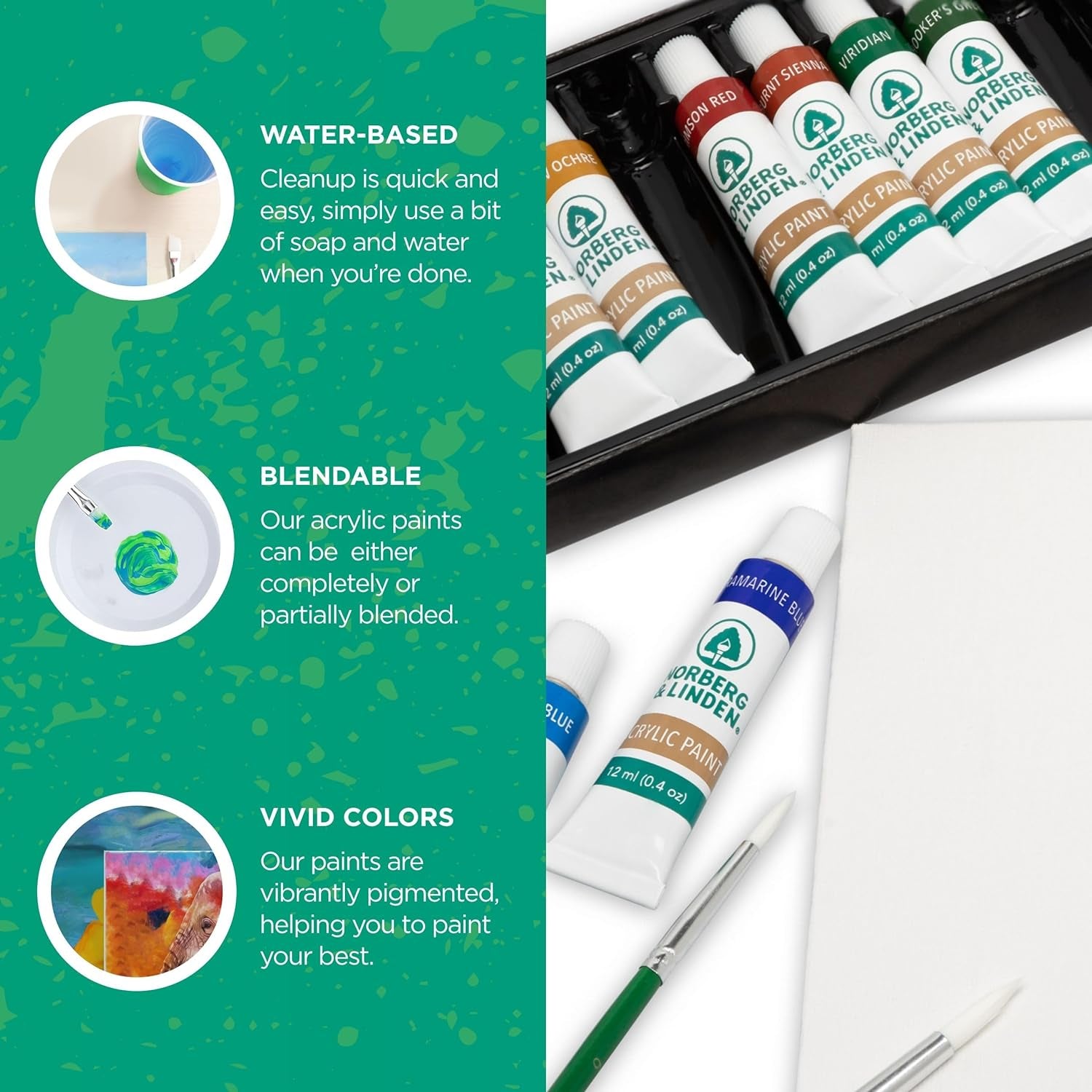 Acrylic Paint Set - Canvas and Acrylic Paint Sets for Adults, Teens, Kids - Includes 12 Vivid Colors, 3 Painting Canvas Panels & 6 Assorted Brushes