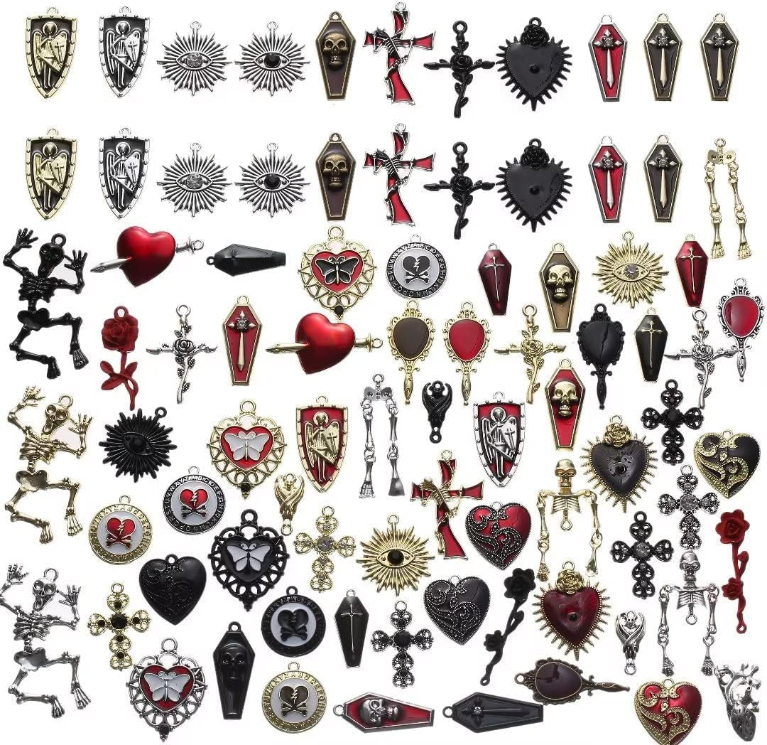 Baroque 64Pcs Assorted Gold Black Red Rose Skull Enamel Charms Coffin Cross Halloween Charm Pendant DIY for Earrings Necklace Bracelet Jewelry Making and Crafting