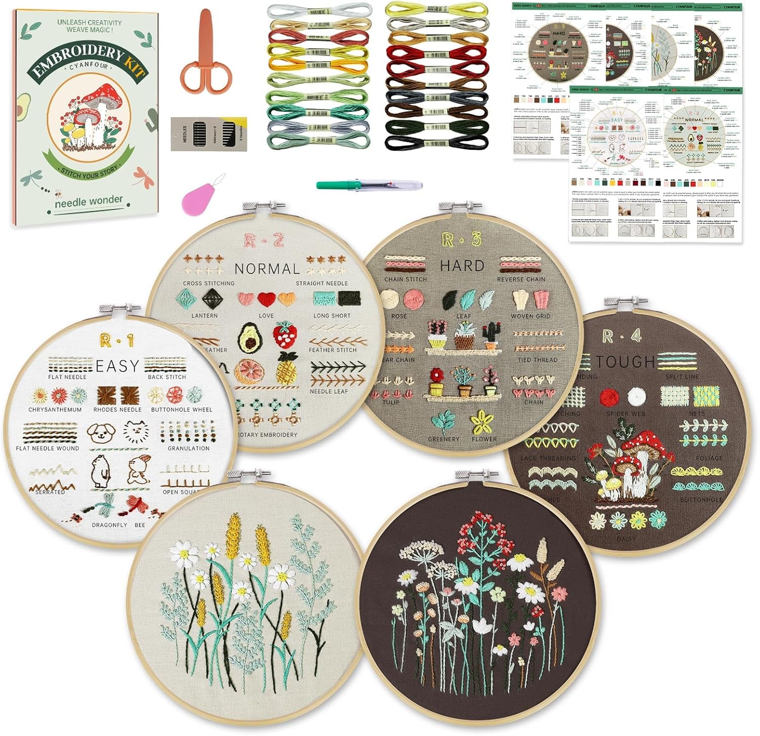4 Stage Embroidery Kit for Beginners Adults, Easy to Learn 38 Different Stitches from Instruction &amp; Video, Needlepoint Kits for Adults with Stamped Embroidery Patterns.