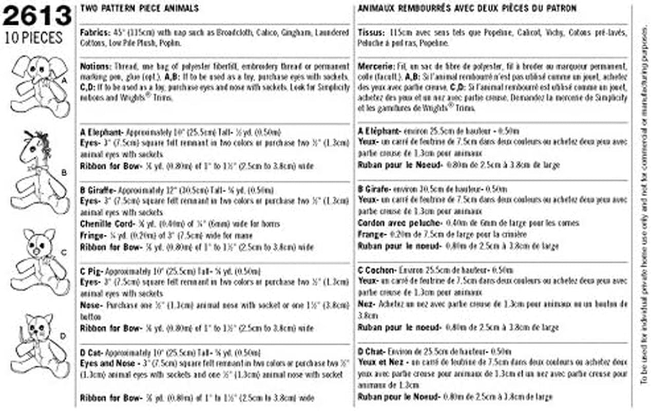 2613 Cute Stuffed Animal Sewing Pattern for Children and Toddlers by Elaine Heigl Designs, One Size