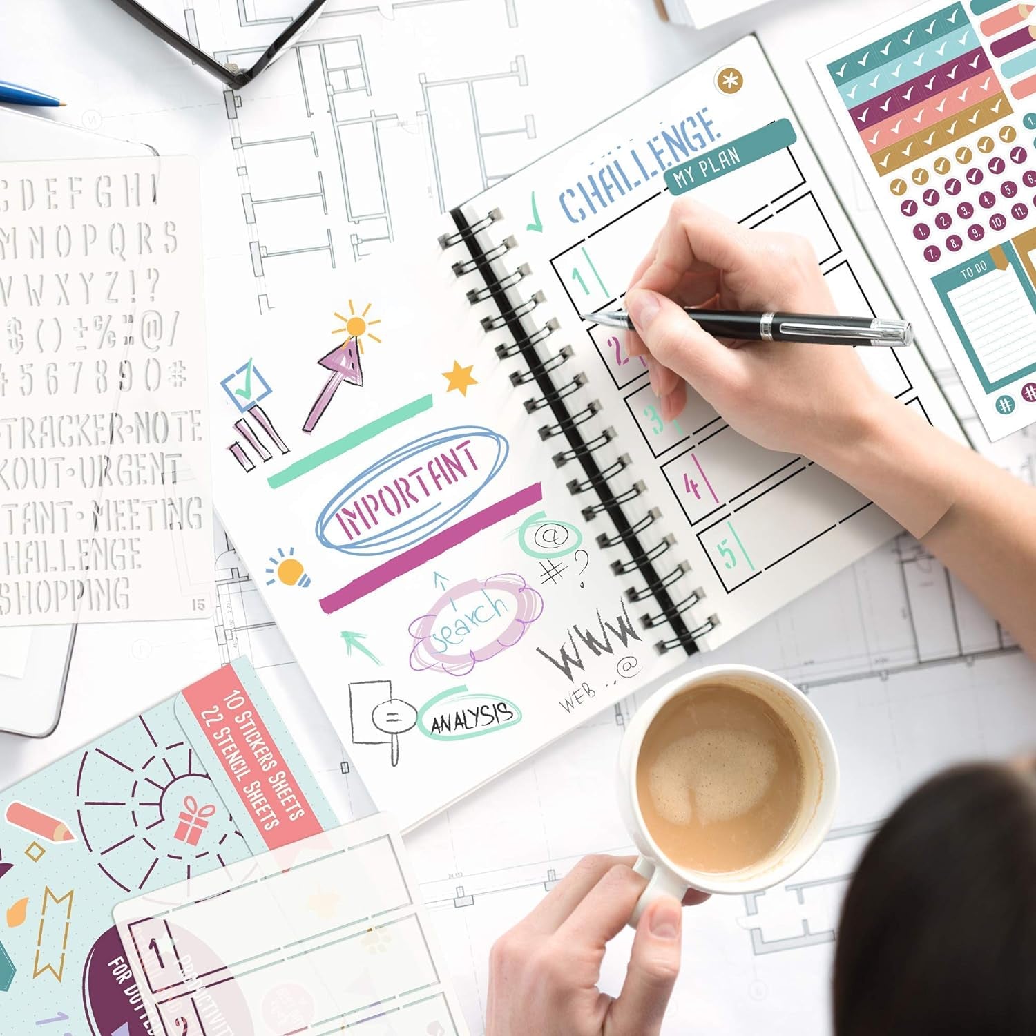 Easy to Use Stencil Set for Dotted Journals - Time Saving Planner Accessories/Supplies Kit Makes Creating Layouts Easy - Incl. Bullet Point Checklists, Daily/Weekly/Monthly Calendars