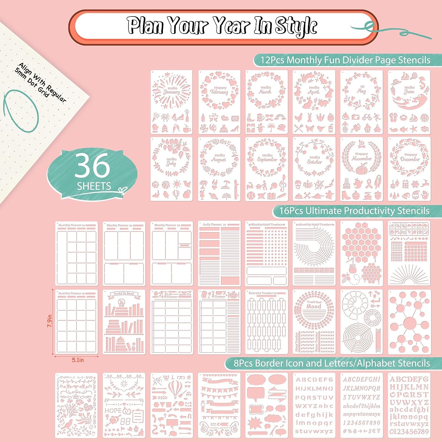 36Pcs Bullet Journal Stencils Templates Set (5.1 * 7.9 Inch) - Bullet Journals Accessories/Supplies Kit - Journal Stencils for Bullet Journaling - Planner Stencils for A5 Dotted Journal