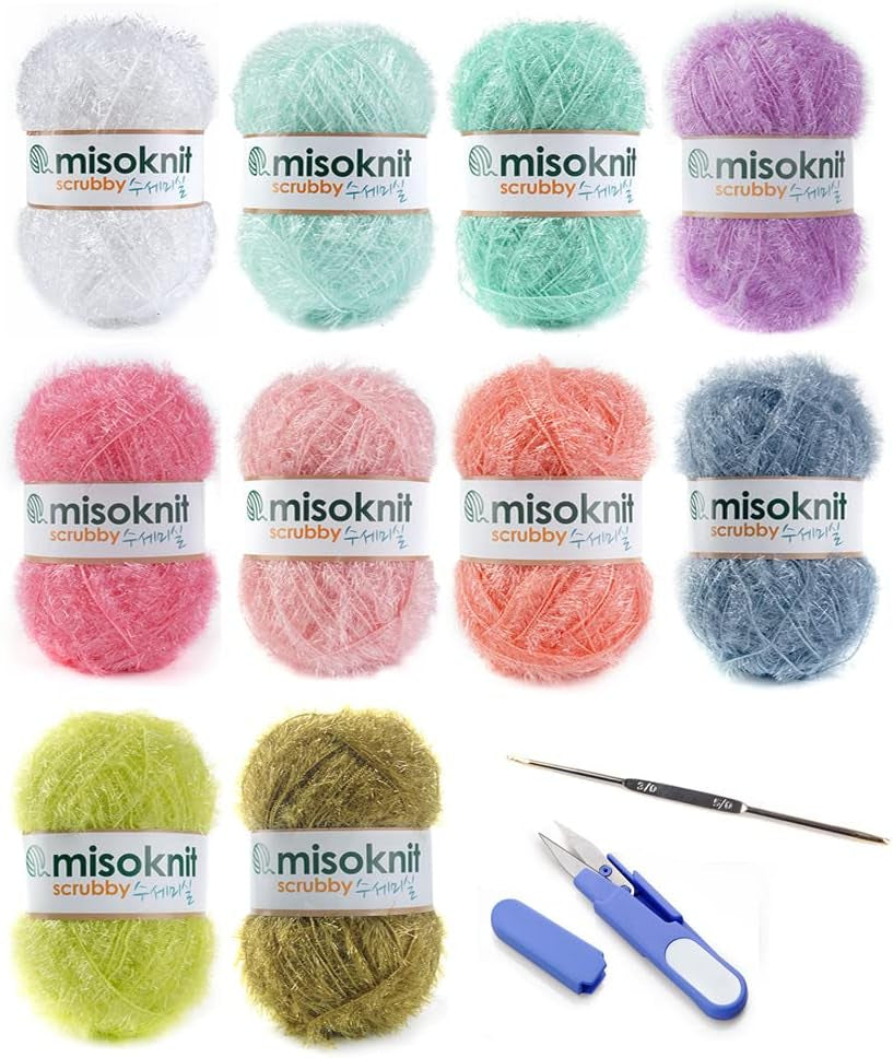 Pastel Scrubby Yarn for Dishcloths Crocheting 10 Skeins Package (Type B) - Polyester 100%, 1.4Oz(40G) Each, 98 Yards per Skein