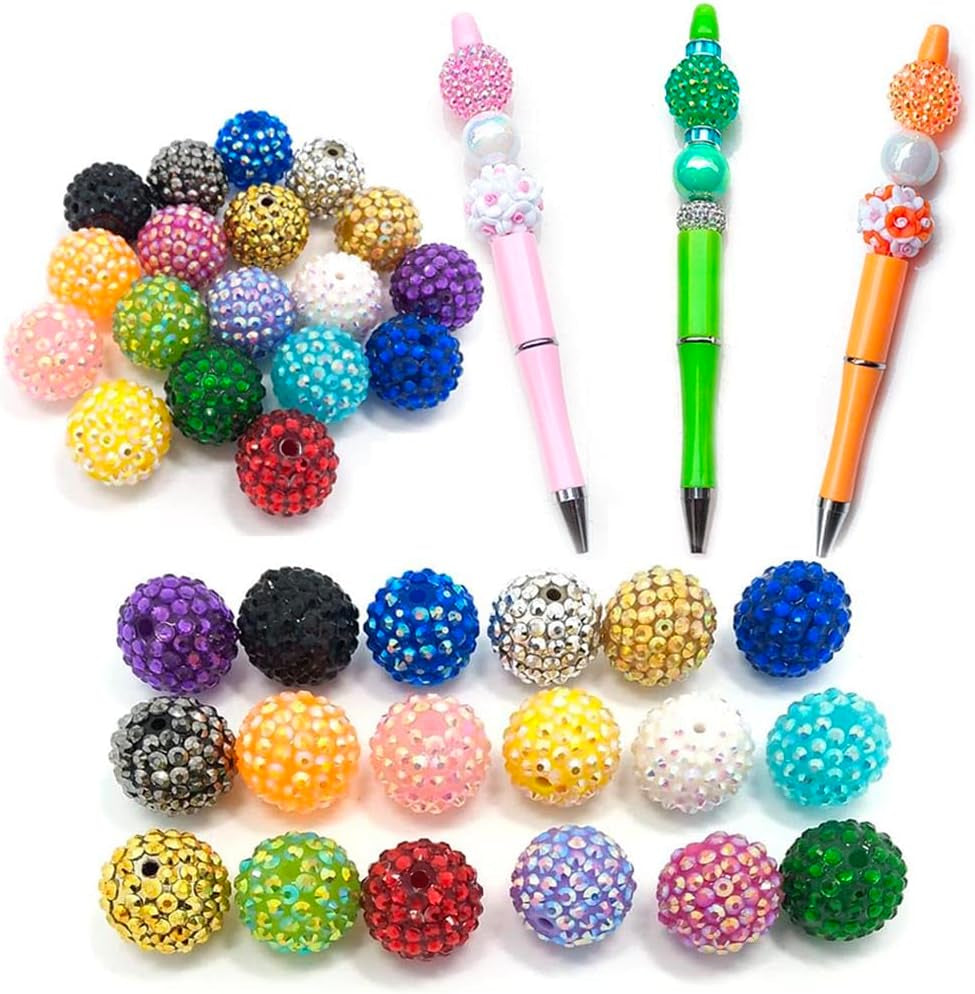 20Mm Rhinestone Beads 50Pcs Beaded Pens Beads Chunky Bubblegum Large Spacer Charms Sparkle Bling Ball Bulk Mix Colors Randomly (20Mm)
