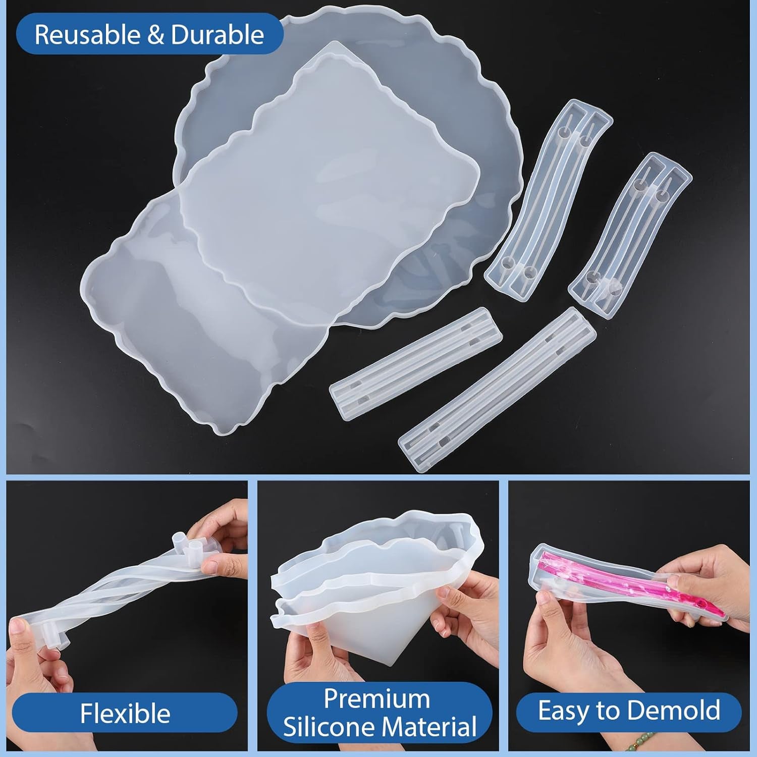 2 Pcs Large Silicone Resin Tray Molds with 4 Pcs Handles Serving Tray Molds Resin Mold for Making Jewelry Plates Tea Coasters Art Craft Casting Supplies