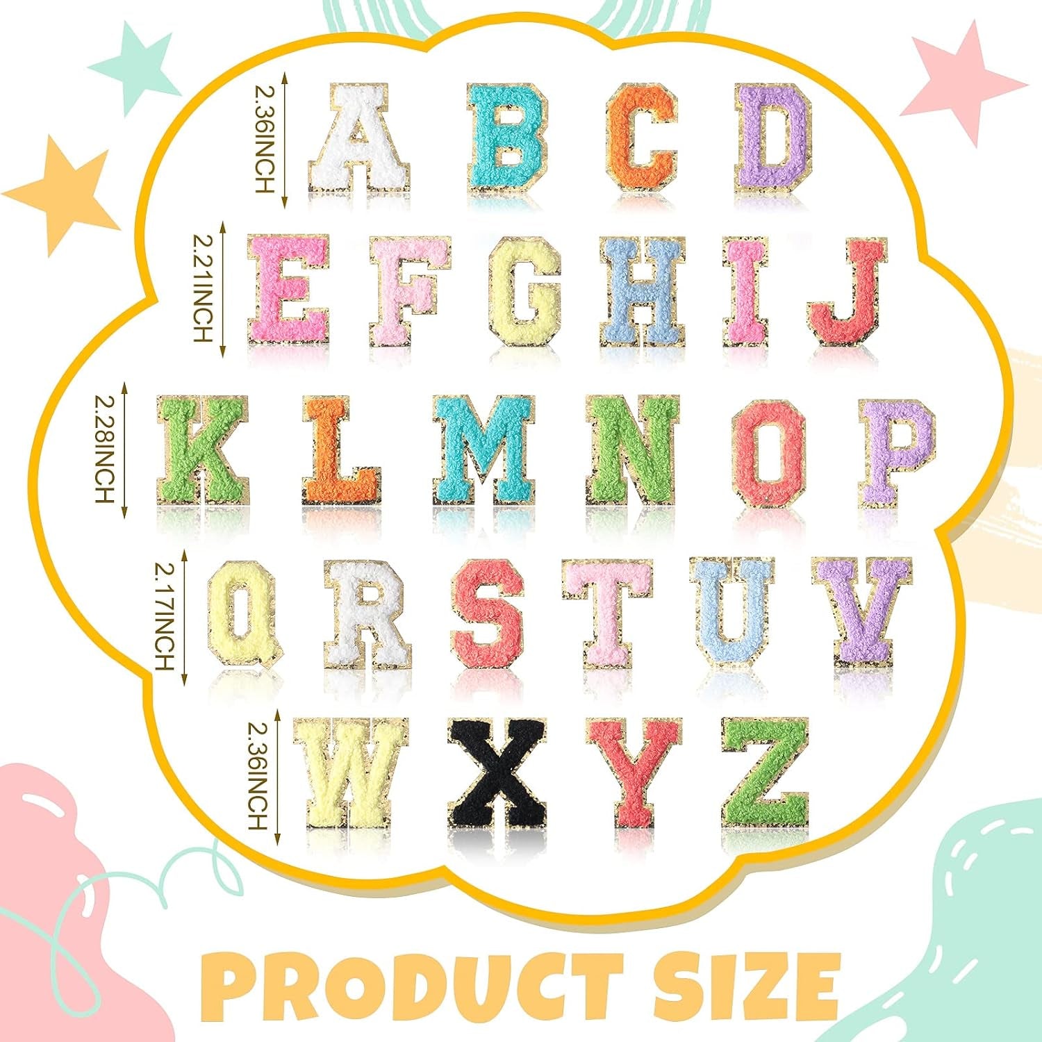 52 Pieces Chenille Letter Patches A-Z Alphabet Iron on Patches Bulk Gold Glitter Border Repair Embroidered Patch for Clothing Caps Sweaters Bags Jackets Shirt(Bright Color, Cute Style)
