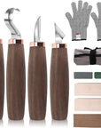 Wood Carving Tools Pack of 11- Includes Black Walnut Handle Wood Carving Knife,Whittling Knife,Hook Knife,Polishing Compound,Sharpening Stone,Cut Resistant Gloves,Wood Carving Kit for Beginners.