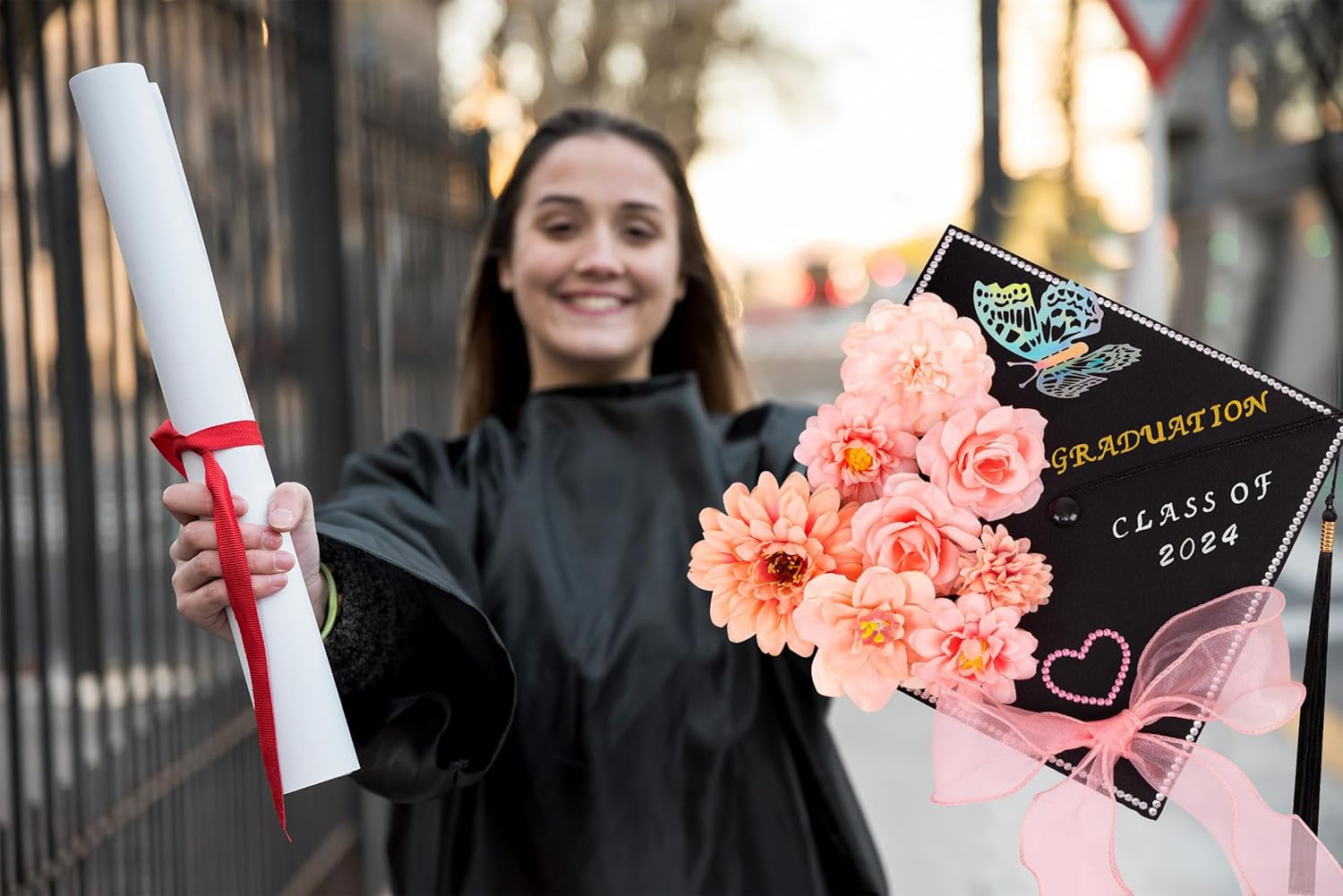 Graduation Cap Decorations: DIY Grad Hat Topper Kit, Include Flower Glitter Stickers Letters Butterflies - Handmade Decoration(No Glue&Cap)