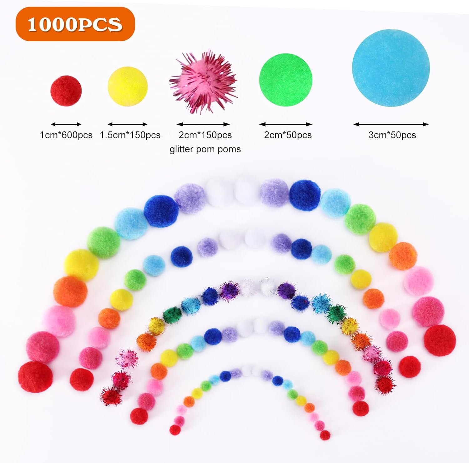 1000Pcs Multicolor Pom Pom Balls, Assorted Sizes & Colors Pompoms for Arts and Craft Making Decorations