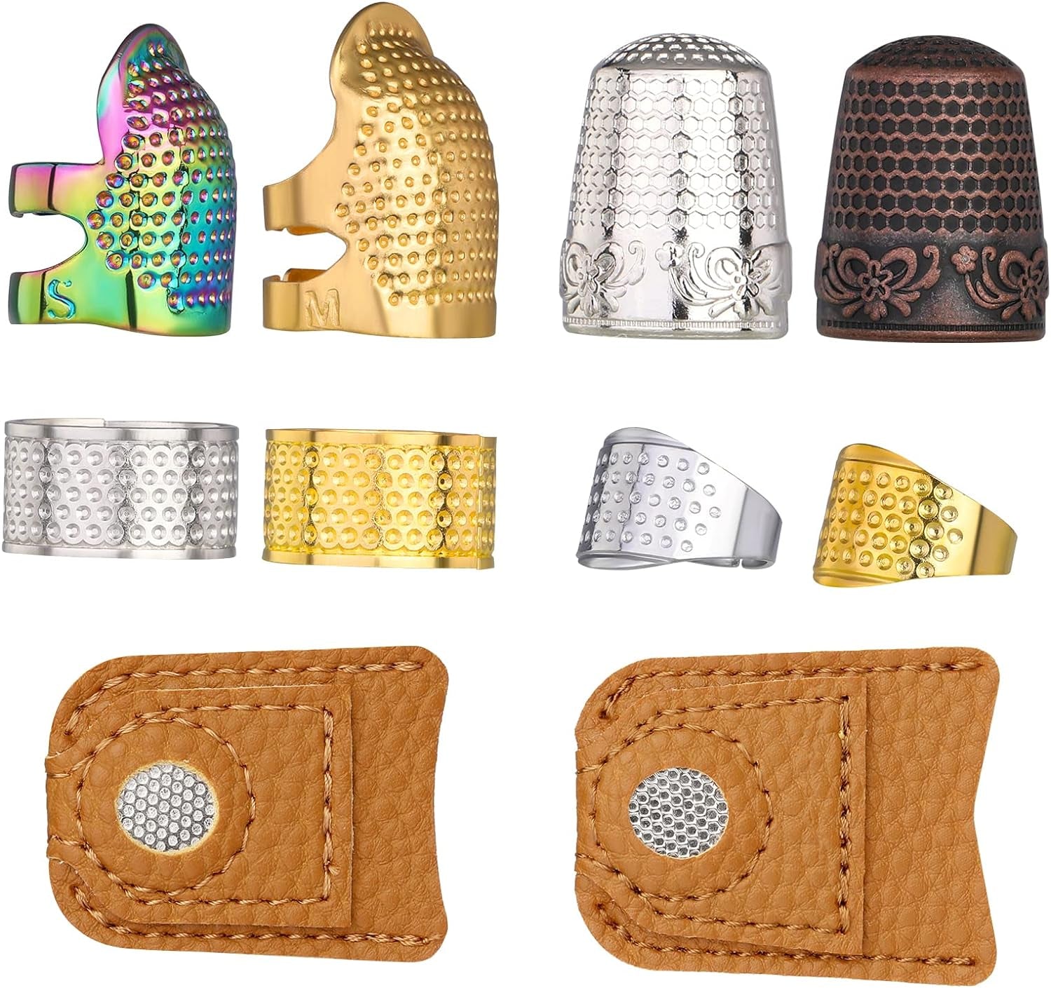 33Pcs Hand-Working Sewing Thimble Set, 23 PCS Large Eye Sewing Needles with Adjustable Metal Finger Shield Ring, Leather Coin Finger Protectors, Sewing Thimble Rings Cap for Knitting Quilting Craft