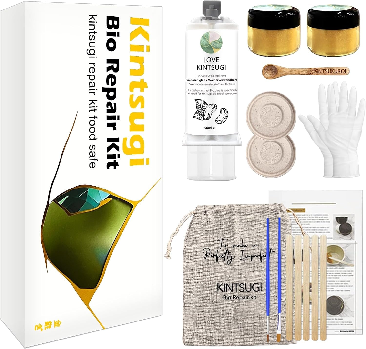 Bio Kintsugi Repair Kit Gold, Kintsugi Food Safety, Repair Your Meaningful Pottery with Bio Kintsugi Glue, Food Dishwasher Safety, Perfect for Beginners, Bring Japanese Art to Your Home