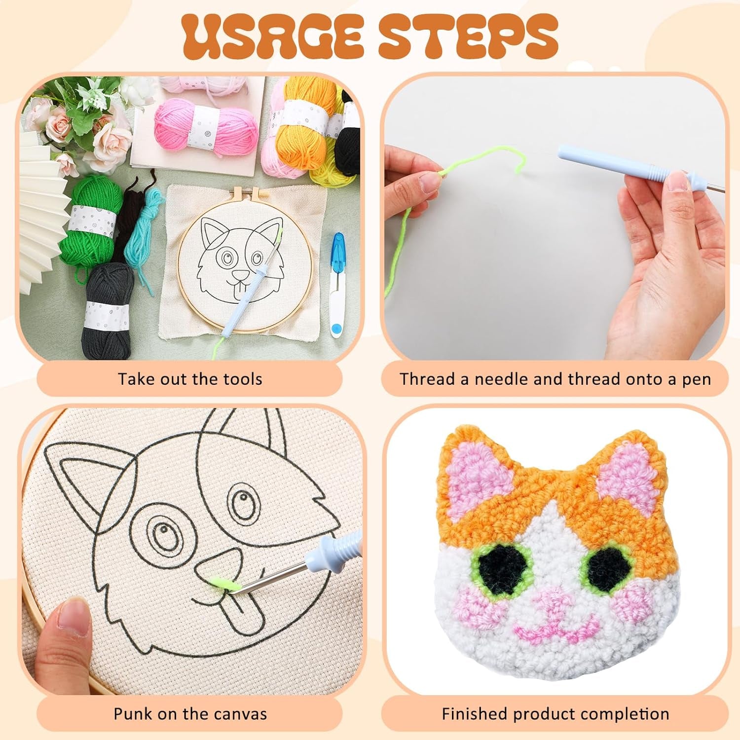6 Set Animal Punch Needle Coasters Kit with Pattern, Yarn, Adhesive Felts, Hand Tools, Wooden Embroidery Hoop and Instruction Rug Punch Decoration DIY Art Crafts Kit for Adult Beginner