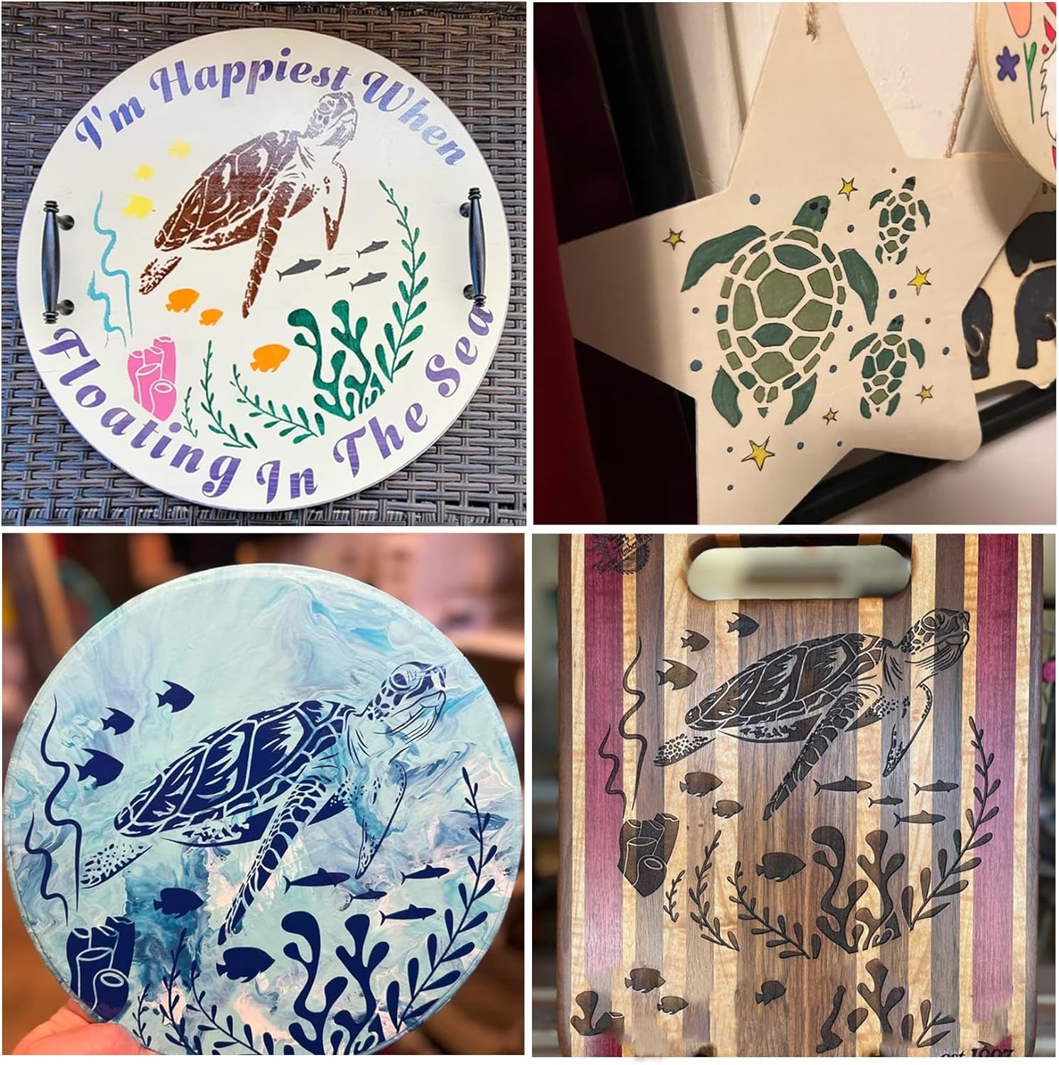 Ocean Stencils for Painting on Wood Turtle Seahorse Starfish Jellyfish Templates for Art Crafts Plastic Reusable Wood Burning Stencils for Wall Canvas (Sea)