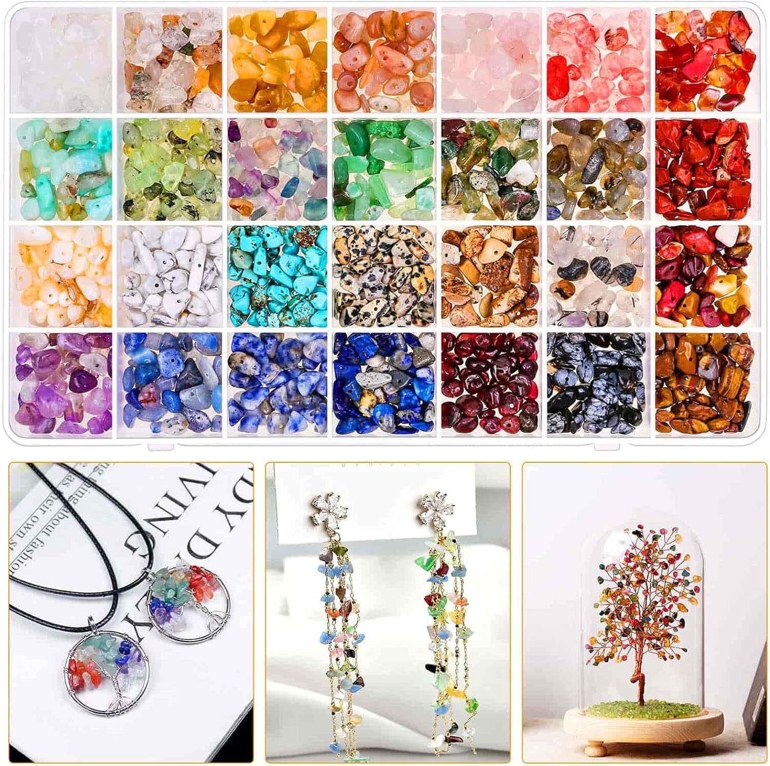 Crystal Beads for Ring Making, 28 Colors Chips and Gemstone Beads, Ring Making Kit with Plastic Box for Jewelry, Bracelets, Earring Making Supplies