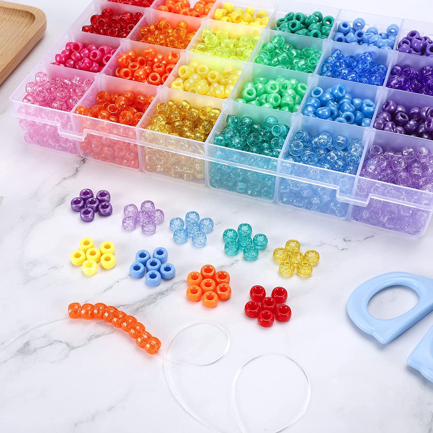 2880Pcs Pony Beads Kit, Kandi Beads for Hair, Rainbow Beads Plastic Bead for Craft 6 X 9Mm 24 Colors 4 Styles Large Hole Beads Set for Bracelets Jewelry Making