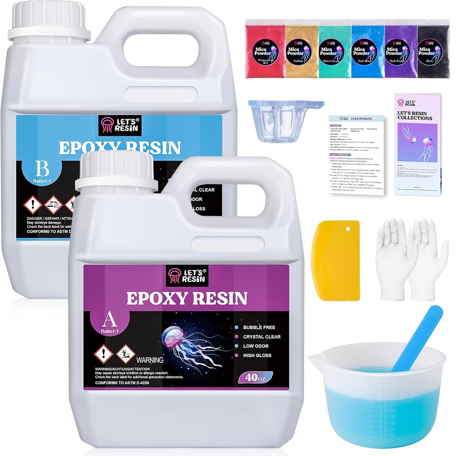 80Oz Crystal Clear Casting Resin Kit,Bubbles Free Epoxy Resin Supplies,Clear Resin for Craft,Tumblers,Molds,Jewelry,Resin and Hardener with 6 Mica Powders,Large Silicone Cup
