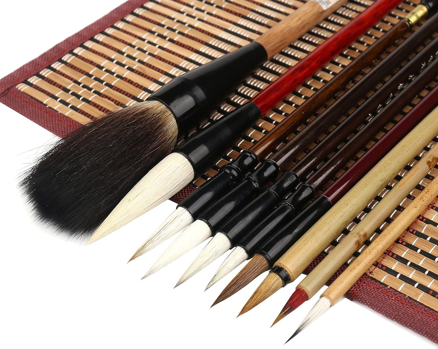 10Pcs Chinese Calligraphy Brushes Set, Painting Writing Brush, Kanji Japanese Sumi Drawing Brushes with Roll-Up Bamboo Brush Holder,Watercolor Art Brushes for Beginners