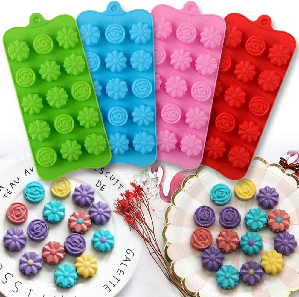 Flower Shape Silicone Molds, 4 Packs 15 Cavity Nonstick Food Grade Silicone Molds DIY for Chocolates, Candies, Ice Cubes, Jellos, Handmade Soap, and Bath Bombs