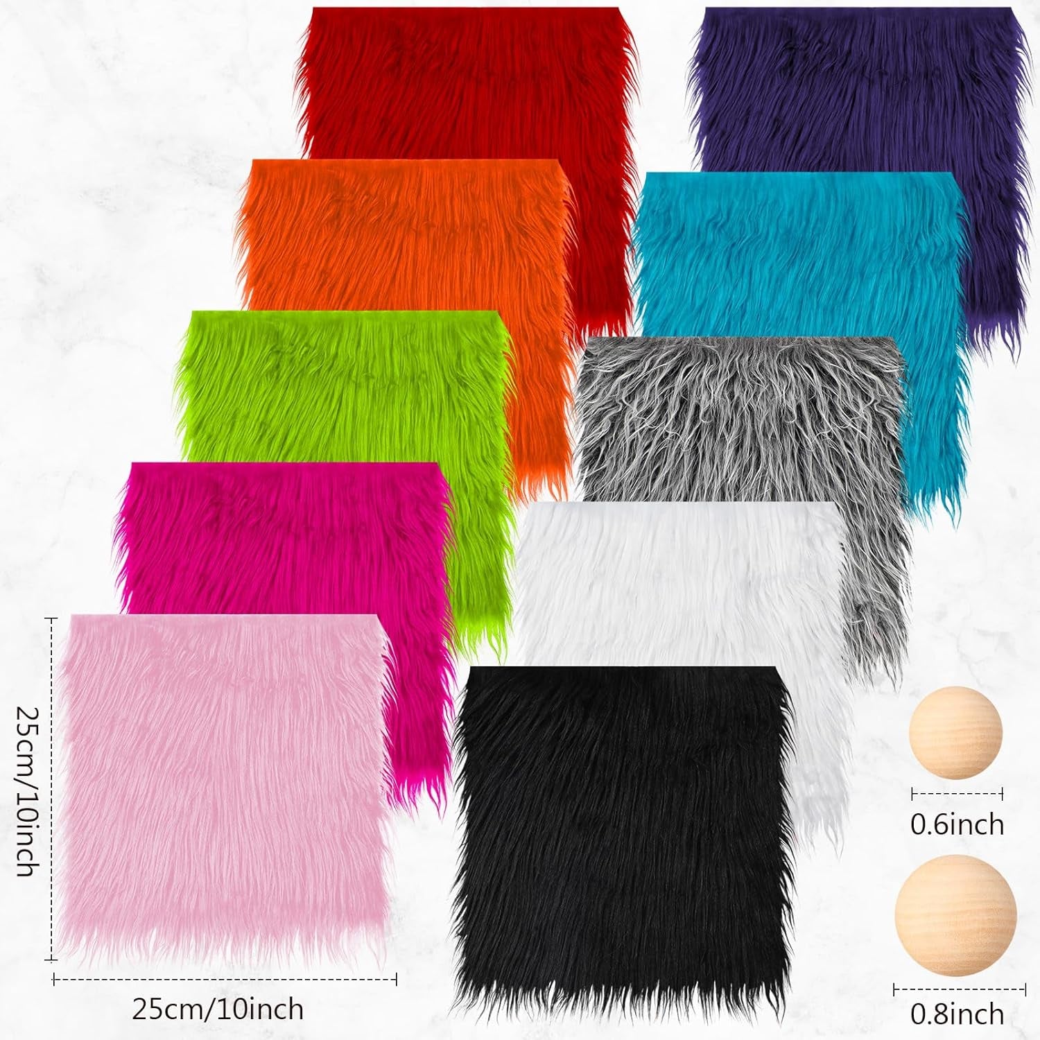20 Pcs Faux Fur Fabric 10" X 10" with 40 Pcs Wood Balls Shaggy Faux Fur Square Patches, Gnome Beards for Crafting Sewing Costume Rug Pillow Cushion Pad Chair Cover Christmas (Bright Color)