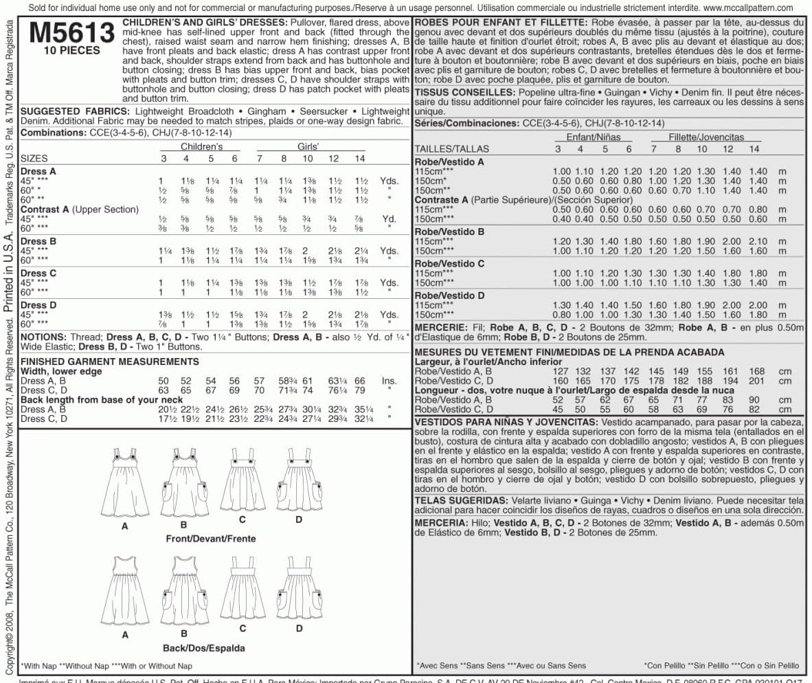 Patterns M5613 Children&#39;S/Girls&#39; Dresses, Size CCE (3-4-5-6)
