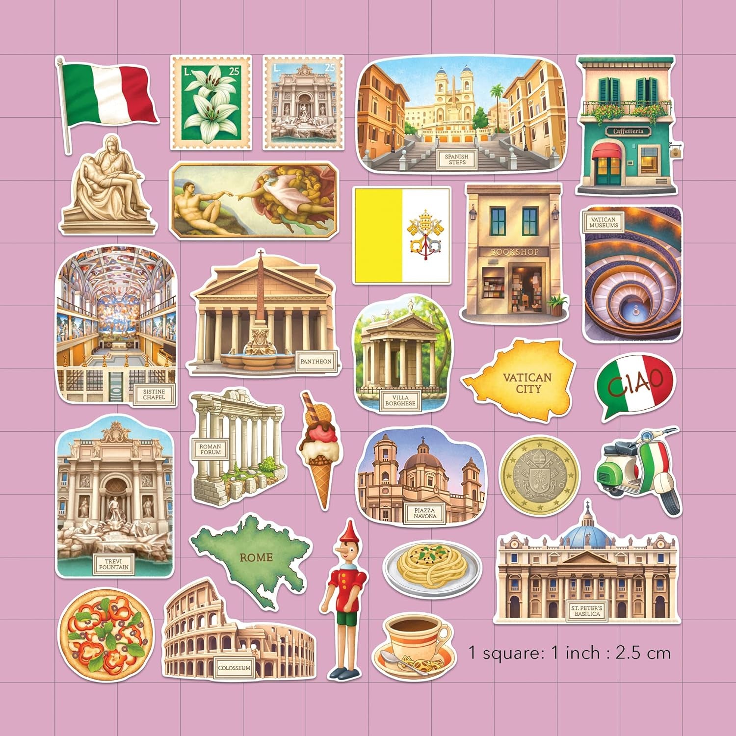 Historical Rome Travel Stickers (28Pcs) - Gouache Style, Waterproof, Italy Roman Vatican-Themed Vacation Decals for Scrapbooks, Waterbottle