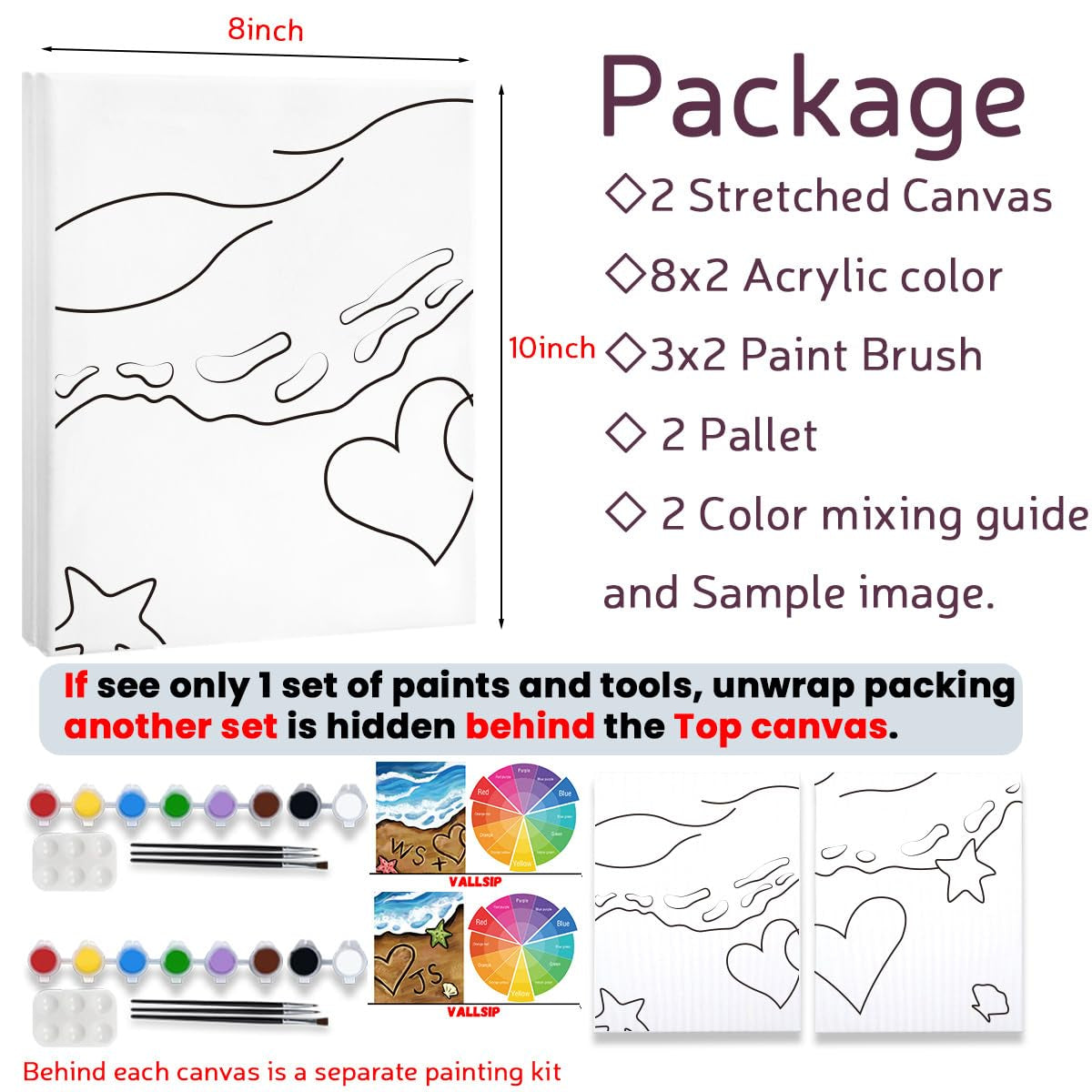2 Pack Paint and Sip Canvas Painting Kit Pre Drawn Canvas for Painting for Adults Stretched Canvas Couples Games Date Night Summer Beach Vows Anniversary Gifts Paint Party Supplies Favor 8X10