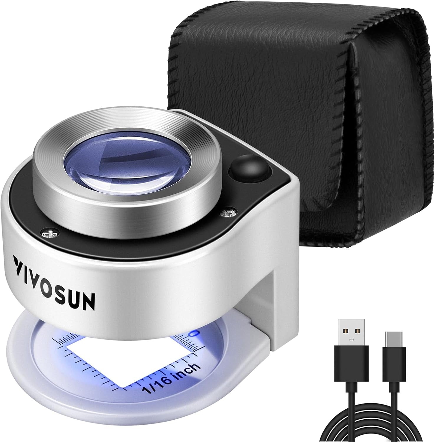30X Rechargeable Loupe Magnifier with White LED Light and UV Light, Portable Magnifying Glass with Optical Glass Lens &amp; Scale for Jewelry, Textile, Gems, Stamps, Coins and Plants