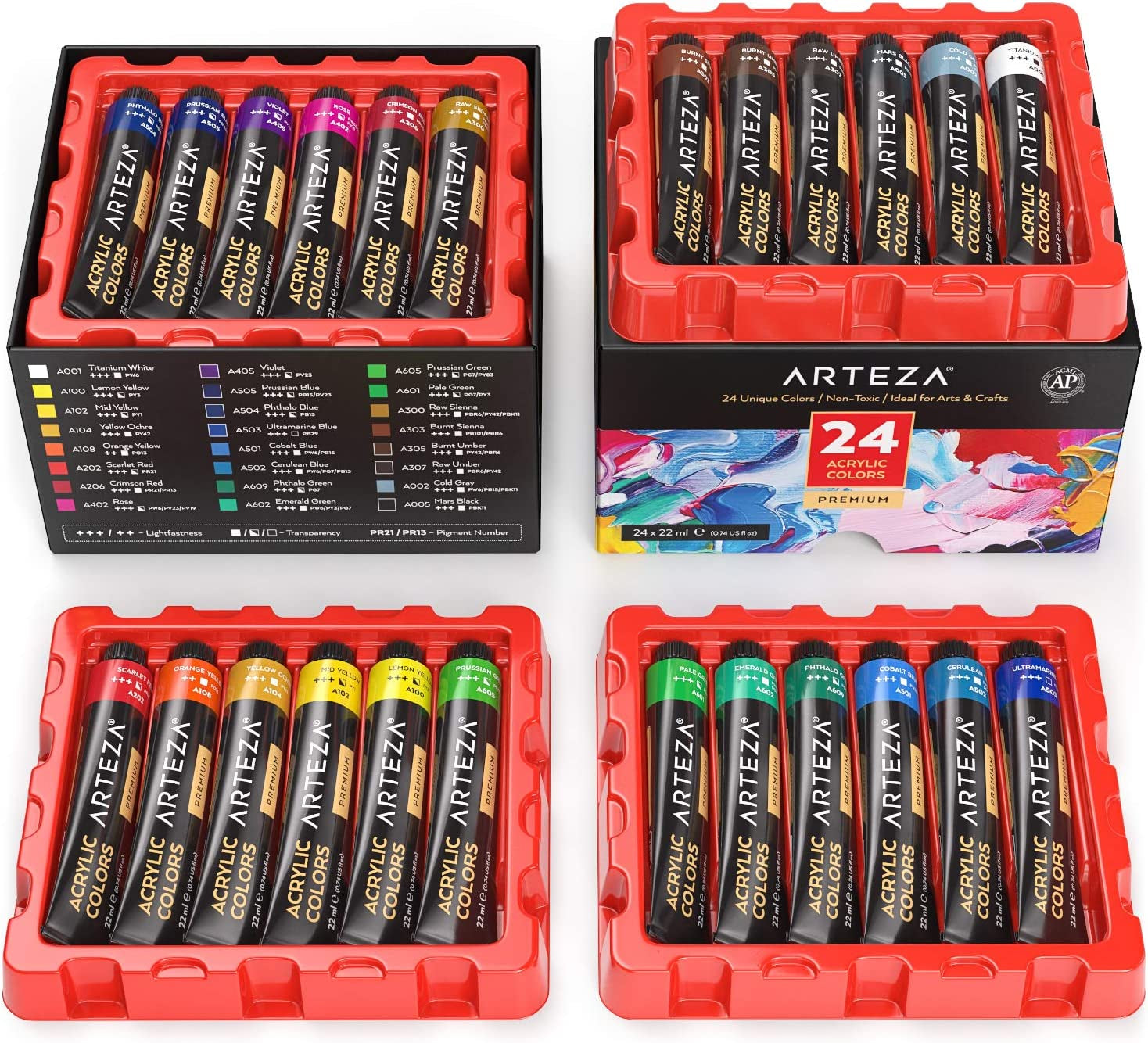 Acrylic Paint Set of 24 Tubes (0.74 Oz, 22 Ml) Non Toxic Acrylic Artist Paints, Heavy Body Acrylic Paint Art Supplies for Canvas Painting