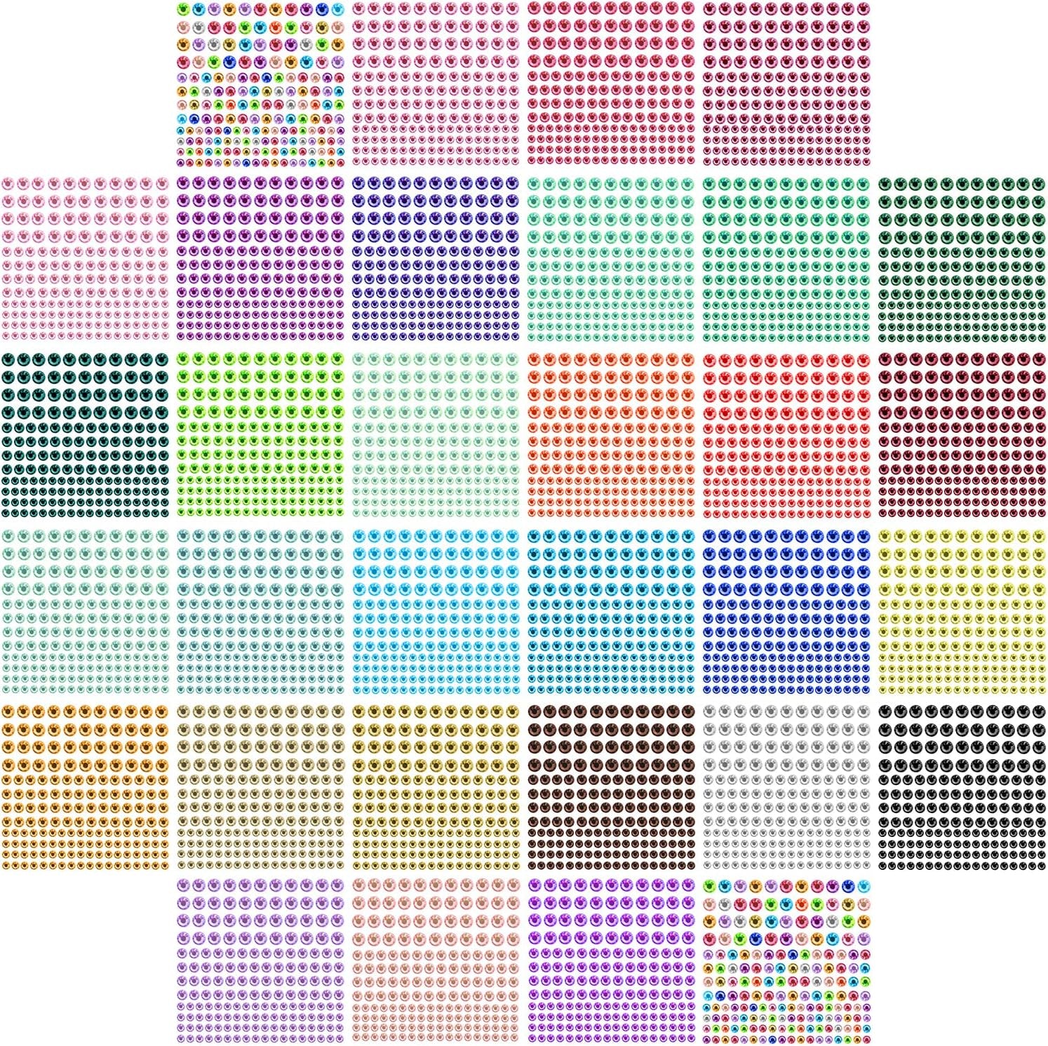5504Pcs 32 Sheets 30 Colors 3Mm to 5Mm Self-Adhesive Face Gems Stickers,Colorful Bling Rhinestone Sticker Sheet for DIY Crafts,Face,Nail,Body,Makeup,Wedding,Decor,Embellishments(3 Size)