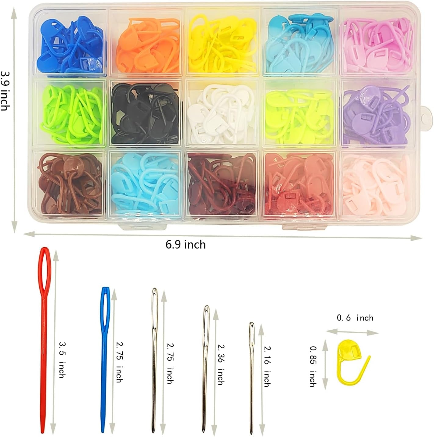 300 Pcs Stitch Markers,15 Colors Knitting Crochet Locking,15 Pcs Large Eye Blunt Sewing Needles with Storage Box