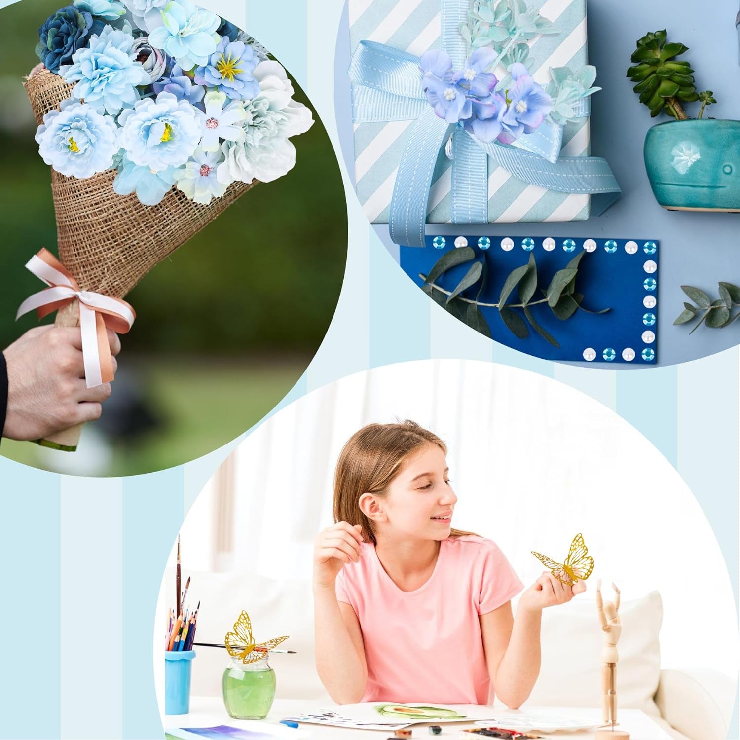 Graduation Cap Decorations Kit Include Assorted Flowers 3D Butterfly Stickers Glitter Rhinestones Alphabet Letter Number Stickers for DIY Grad Cap 2024 Graduation Party Supplies (Blue Flower)