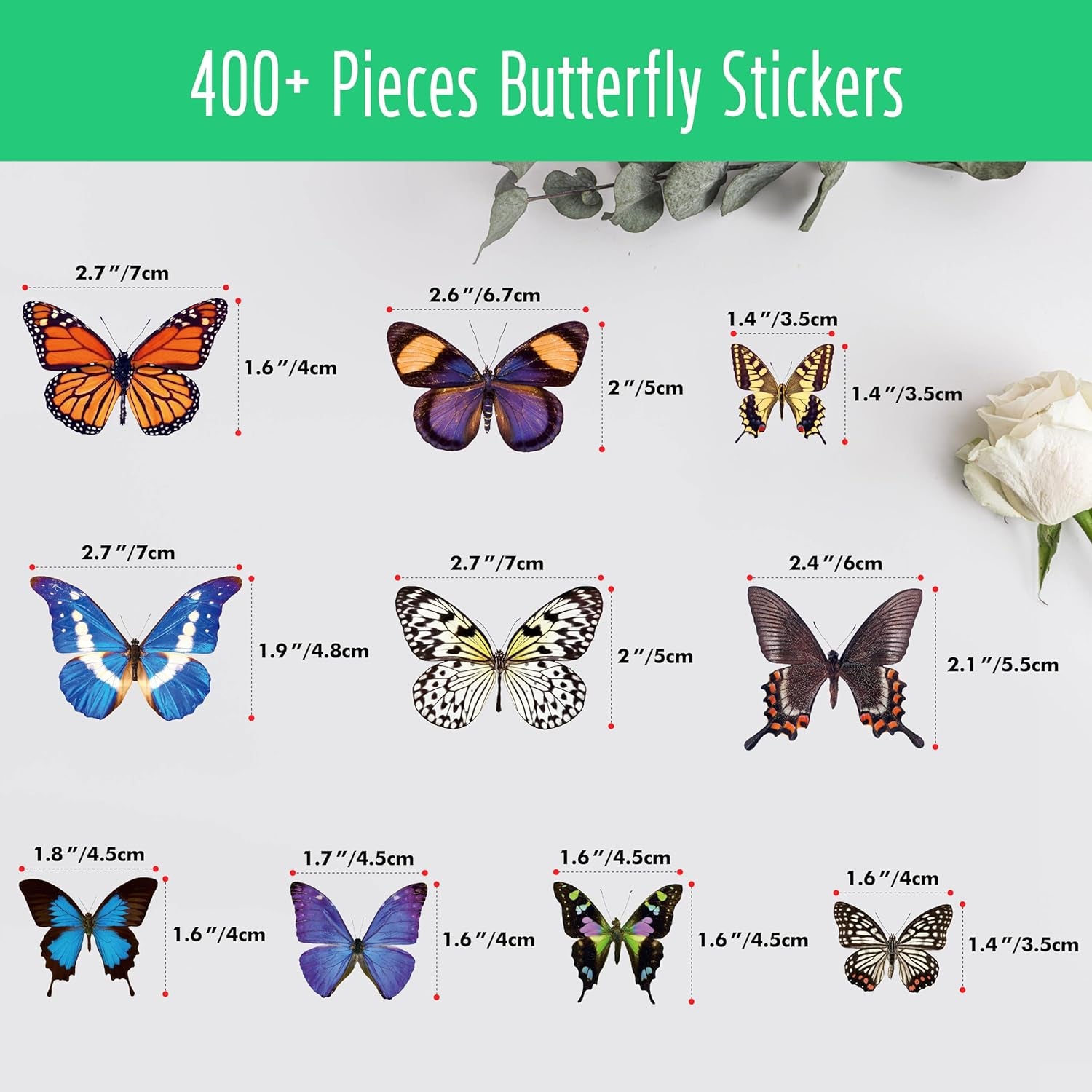 400+ PCS Realistic Butterfly Stickers, Self-Adhesive PVC Vintage Butterfly Stickers for Scrapbook, Laptop, Journal, DIY Project, Window, Envelope Spring Themed Party Decors