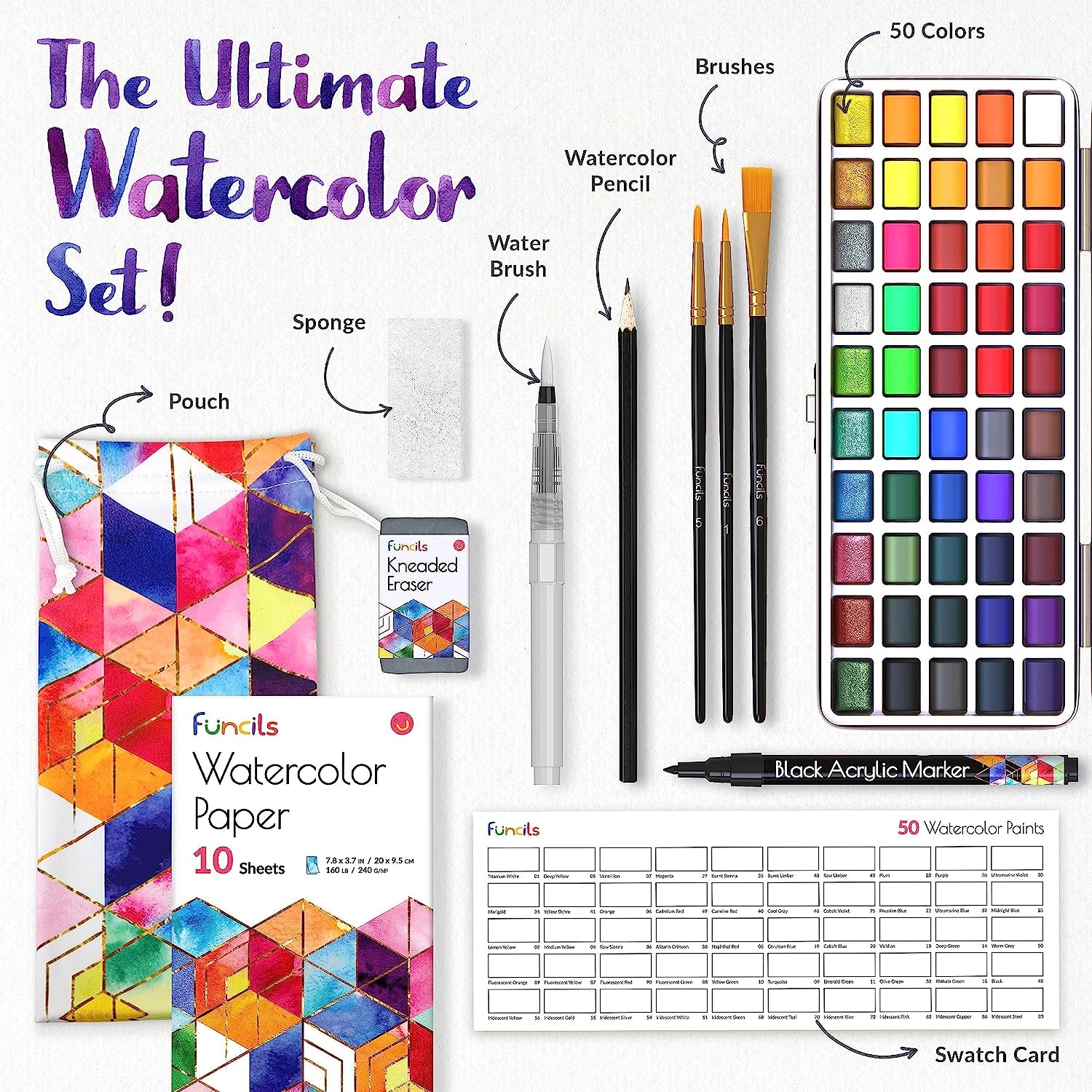 Watercolor Paint Set - 50 Travel Watercolors Set - Water Colors Paint for Adult, Kids, Beginners, Professional Artists | Watercolor Palette with Paper, Brush, Pen | Art Supplies for Adults