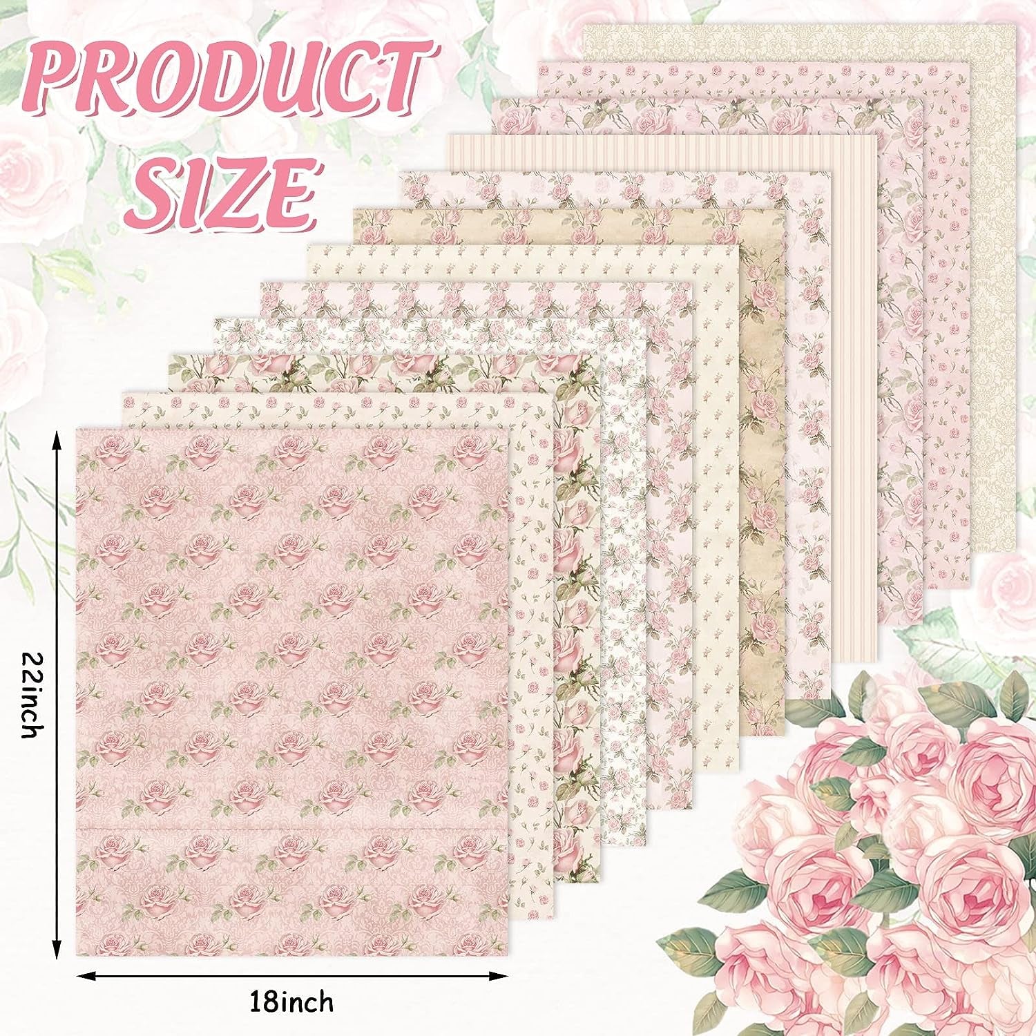 12Pcs Spring Cotton Fabric Bundles 18 X 22 Inch Retro Floral Printed Fat Quarters Pink Flower Quilting Patchwork Squares Sewing Fabrics for DIY Handmade Crafting Home Party Decor