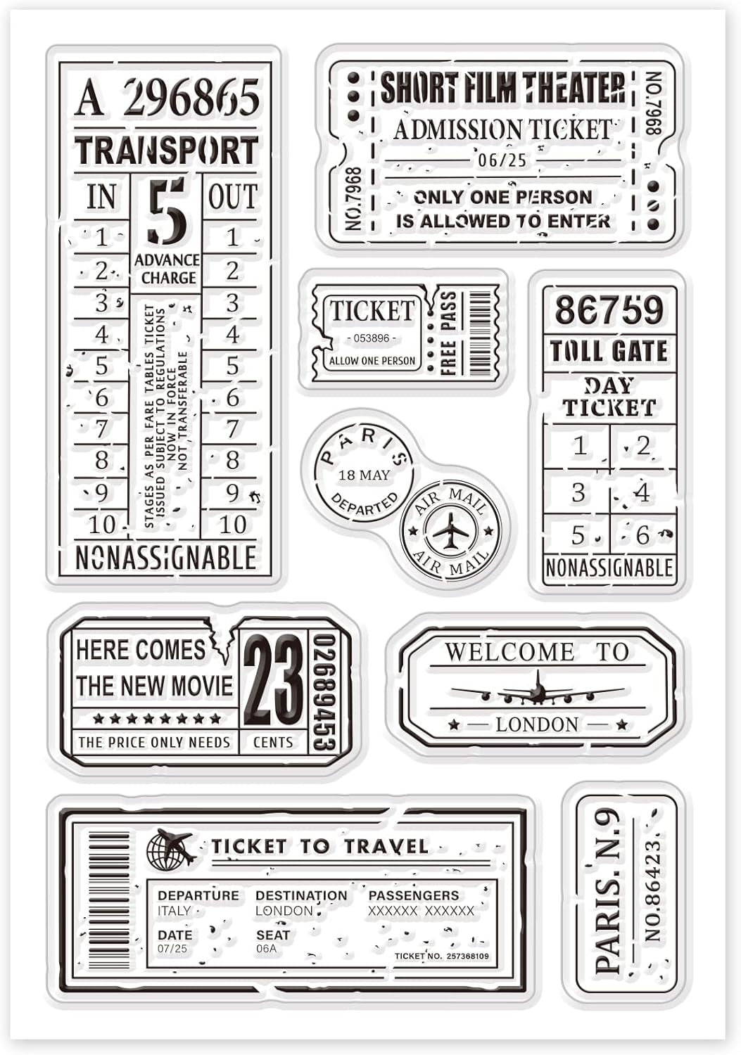 Retro Air Travel and Movie Ticket Silicone Clear Stamps Transparent Stamps for Christmas Birthday Valentine&#39;S Day Cards Making DIY Scrapbooking Photo Album Decoration Paper Craft