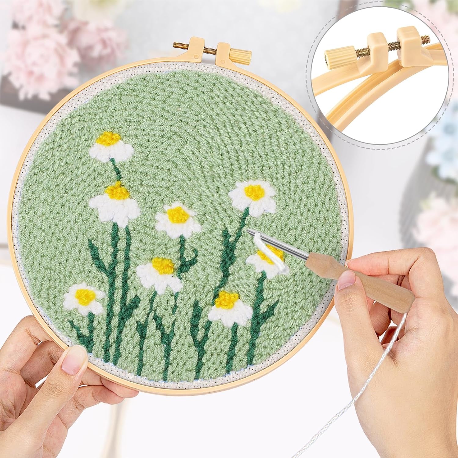 Punch Needle Embroidery Starter Kits,Rug Hooking Kit for Kids and Adults Beginners,Handcraft Punch Needle Kits with Embroidery Hoops,Flowers and Plants Pattern