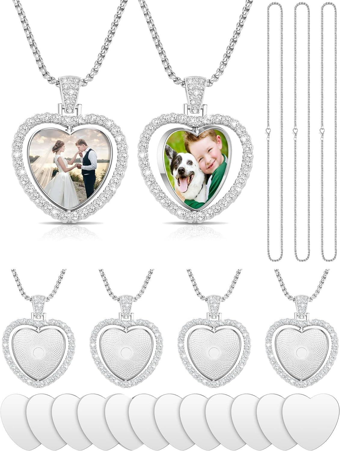 24 Pcs Sublimation Rhinestone Trays Pendant Set, Including 6 Double Sided Blank Rhinestone Bezel Trays, 6 Pcs Thick Chains with 12 Sublimation Discs for Making