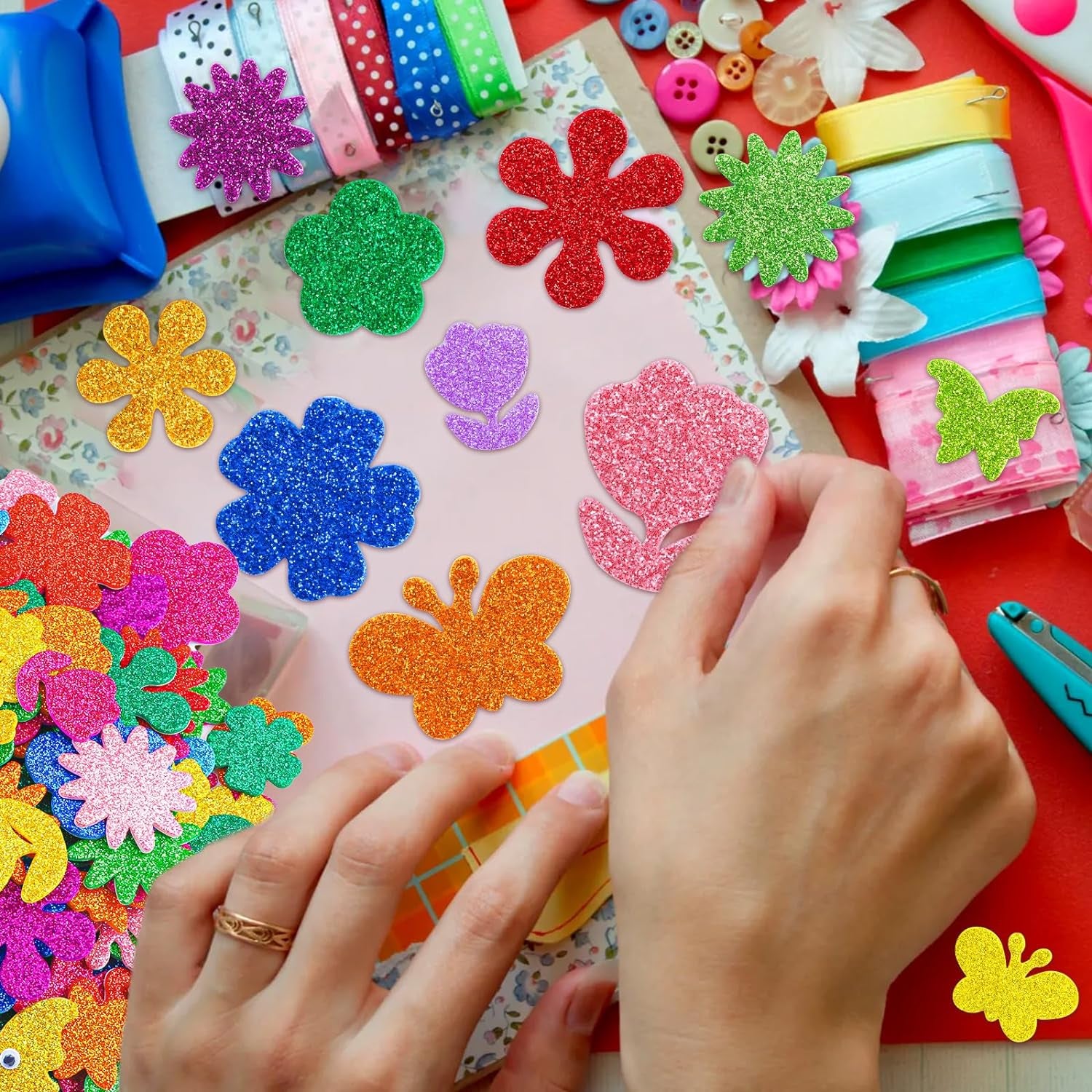 330Pcs Glitter Flower Stickers 10 Colors Foam Flower Stickers and Butterfly Stickers with 200 Self-Adhesive Eyes Kid Preschool Activity DIY Arts Craft Supplies for Greeting Cards Decoration