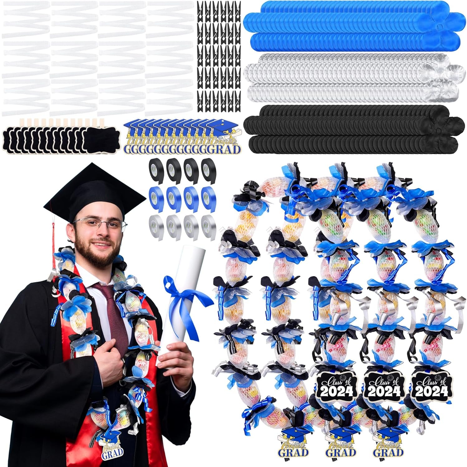 12 Sets 2024 Graduation Candy Lei Making Kit Candy Lei Tubing Include Mesh Poly Tubing 197 Yard Gift Ribbon Grad Petal Clip Mini Chalkboards Grad Cap Card for Crafts Graduation Party Gift, Blue