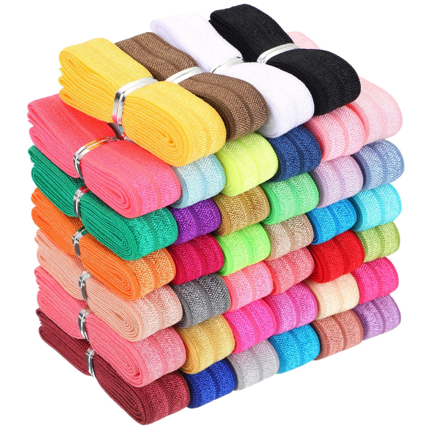 40 Yards Fold over Elastic Solid Color Trim Elastic 40 Colors Ribbon Sewing Stretch Elastic Foldover Elastic Ribbon Band for Baby Girls Hair Bow DIY Craft Hair Ties Headbands