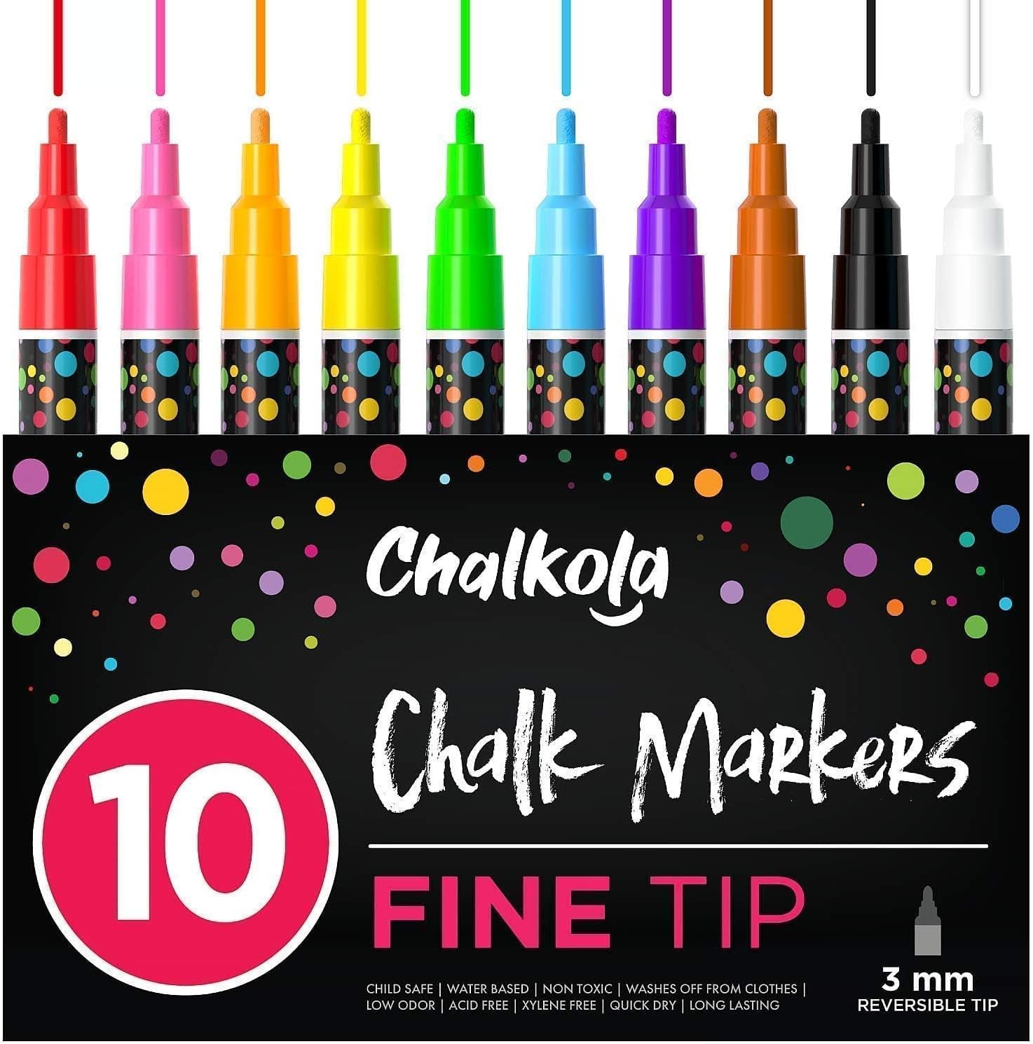 10 Fine Tip Liquid Chalk Markers for Chalkboard Signs, Blackboard, Window, Labels, Bistro, Glass, Car (10 Pack 3Mm) - Wet Wipe Erasable Ink Chalk Board Markers, 3Mm Reversible Tip Chalk Pens