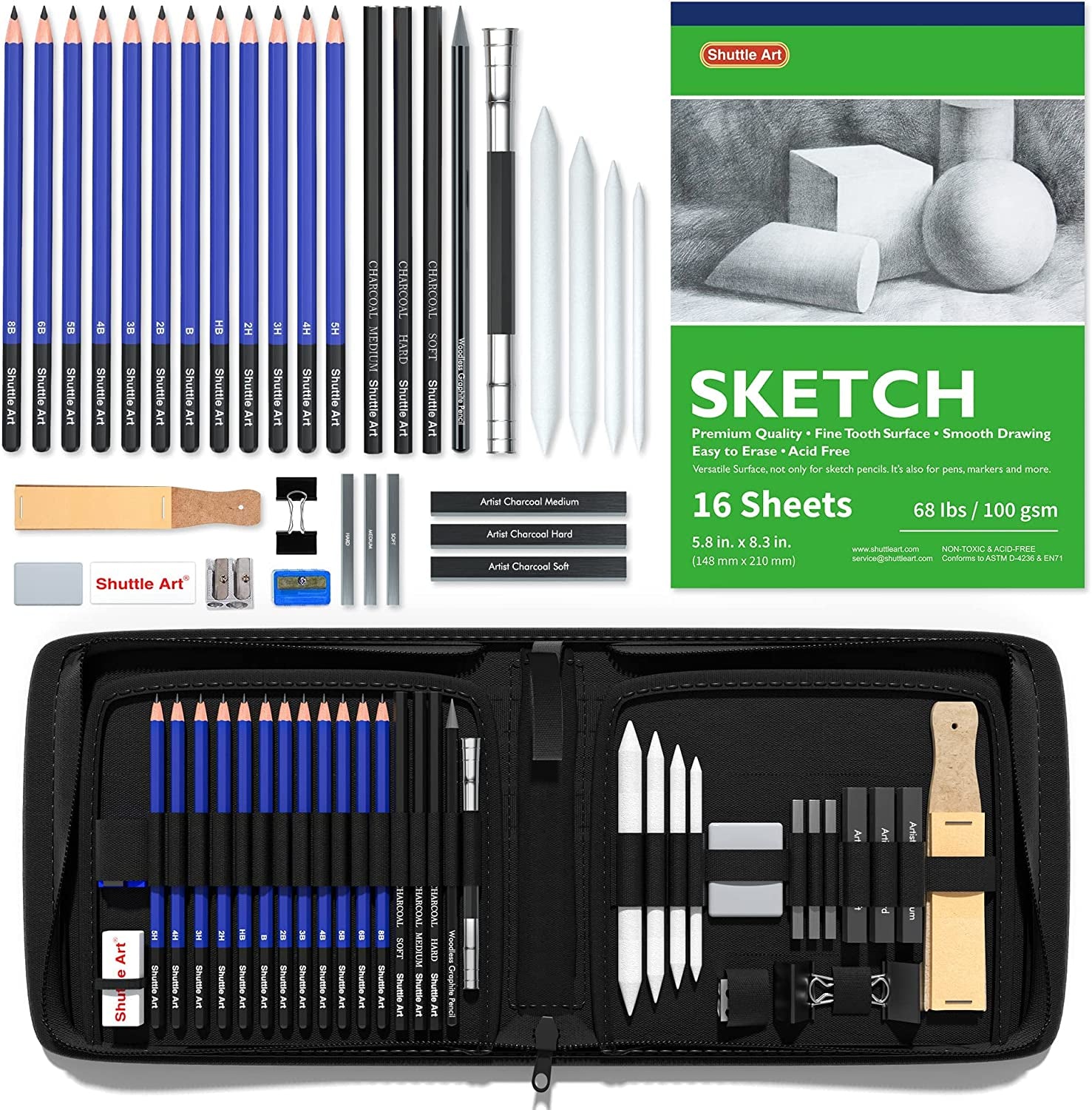 Sketching and Drawing Pencils Set, 37-Piece Professional Sketch Pencils Set in Zipper Carry Case, Drawing Kit Art Supplies with Graphite Charcoal Sticks Tool Sketch Book for Adults Kids