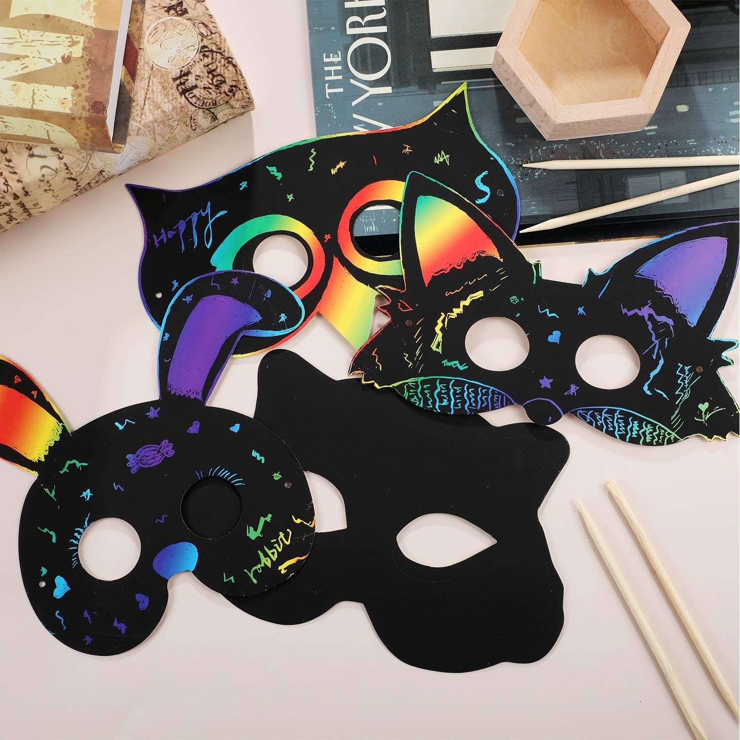 36 Pieces Scratch Paper Animal Masks Rainbow Masks with Elastic Cords and 12 Pieces Wood Stylus for Costume Dress up Parties Decorations and DIY