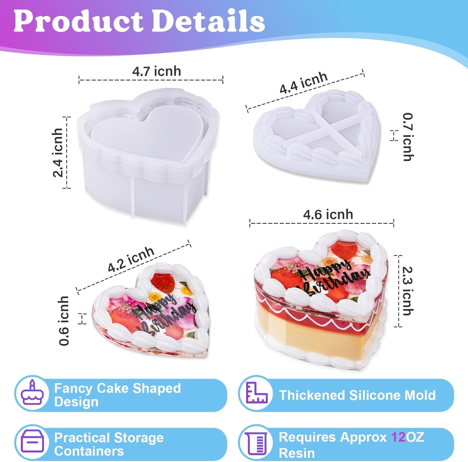 Cake Shaped Box Resin Molds, Vintage Heart Resin Jar Mold with Lid, Fake Cake Epoxy Resin Molds for DIY Jewelry Box, Decor Prop,Candy Jar