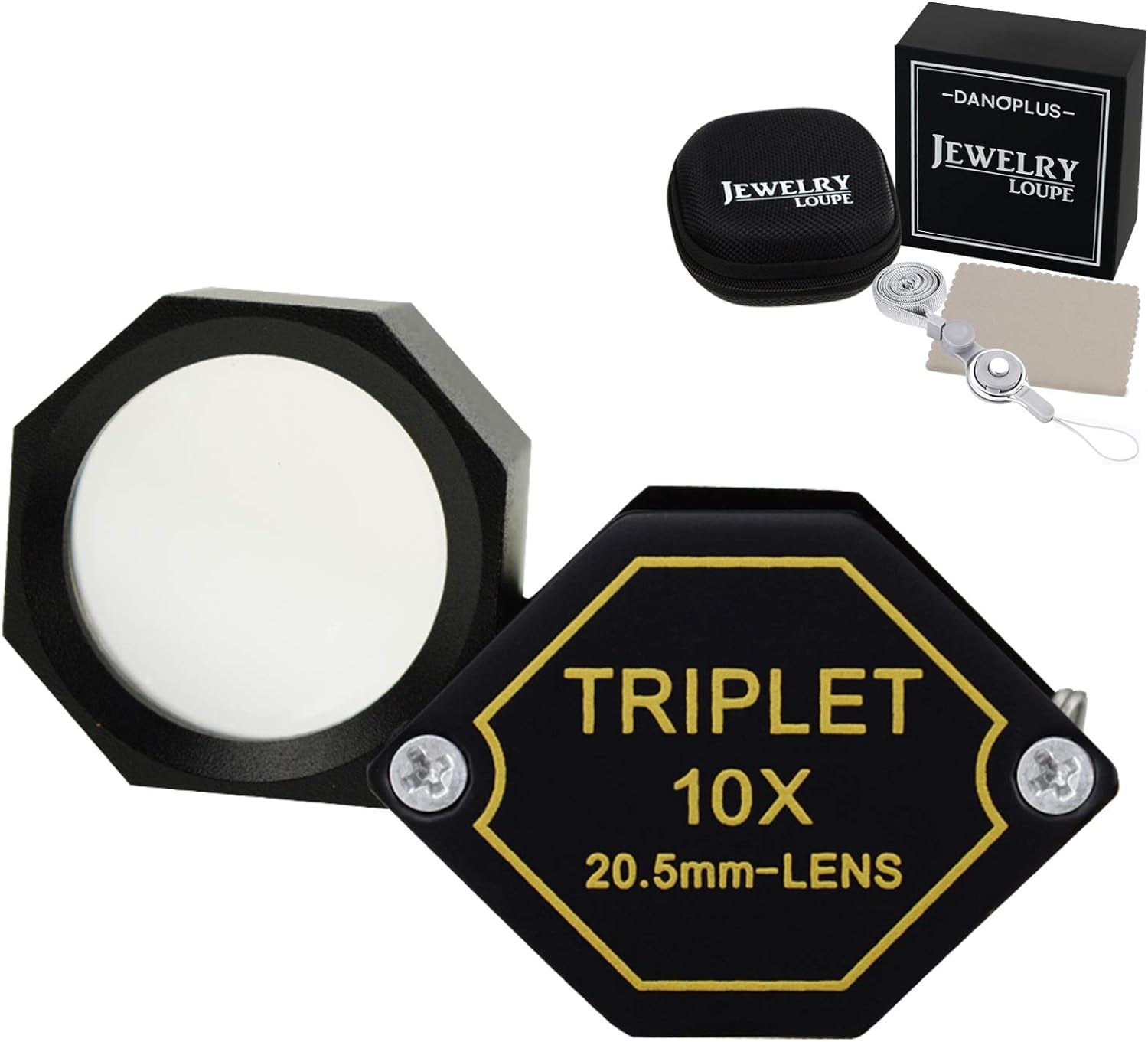 10X Magnifier Jewelry Loupe 20.5Mm Triplet Lens Optical Glass Pocket Gem Magnifying Tool for Jeweler, Stamp Philatelist, Coin Numismatic, Achromatic Black Hexagonal Design Kit Set